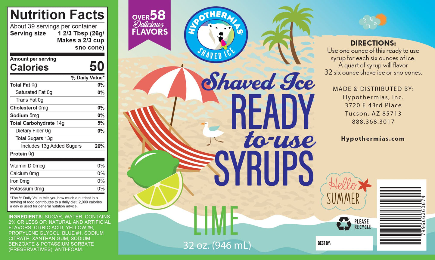 Hypothermias Hawaiian Snow Cone Syrup, Shaved Ice Flavor - Quart (32 Fl. Oz) - Lime - Non-Gmo 100% Pure Cane Sugar, Bpa-Free Pla