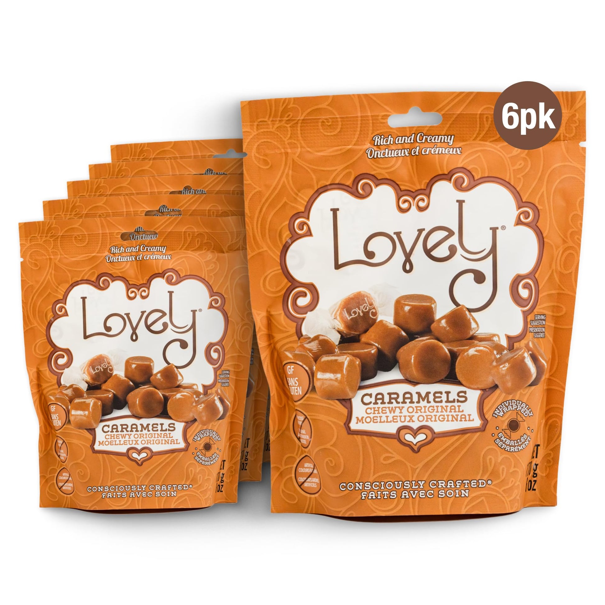 Lovely Candy Co. Soft and Chewy Original Caramels, Individually Wrapped, 6oz (6-Pack), Gluten-Free, Non-GMO, NO High Fructose Co