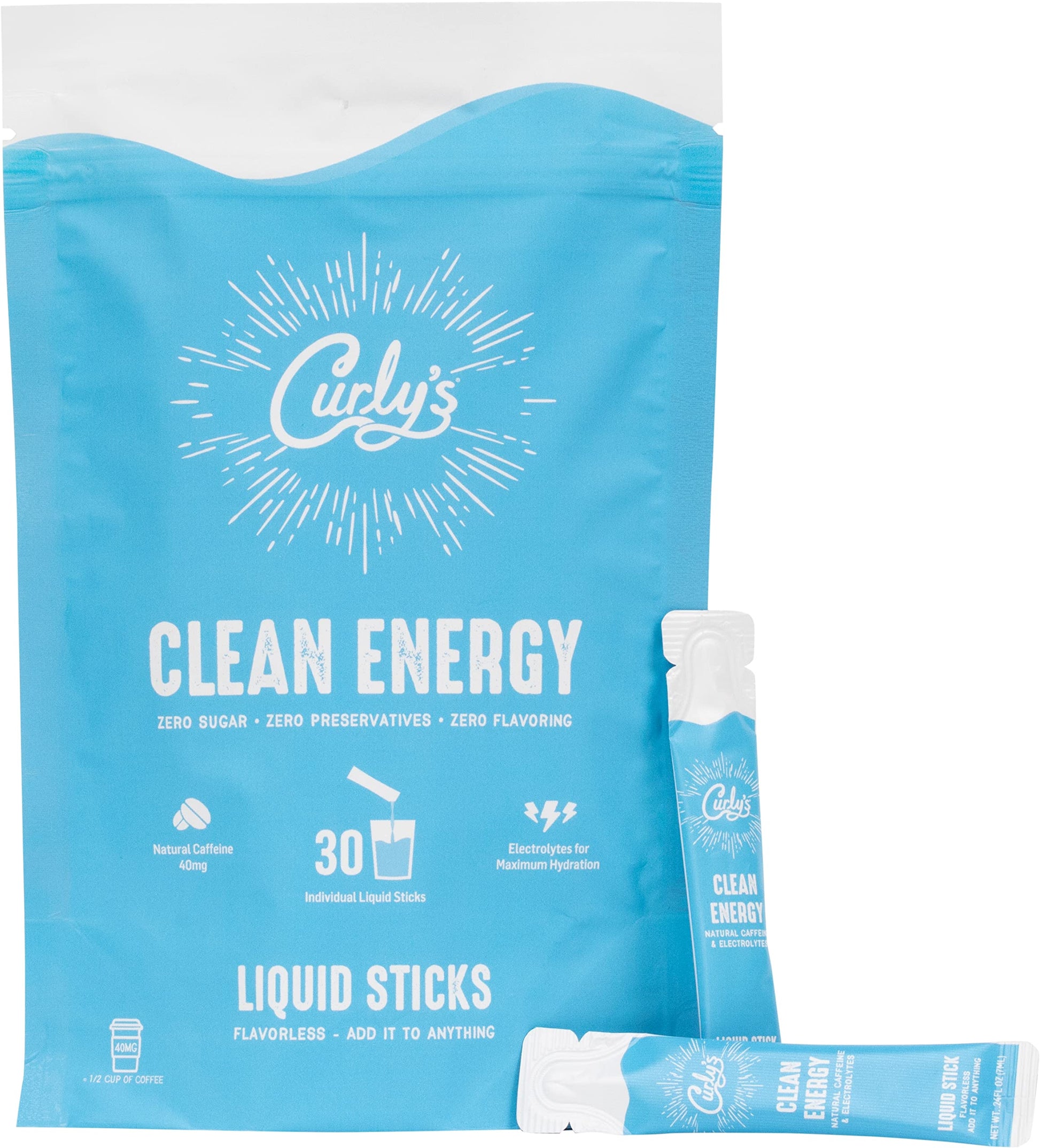 Curlys Clean Energy Caffeine & Electrolyte Sticks - 30 Flavorless Liquid Stick Packs - Keto, Paleo, Whole 30 Friendly