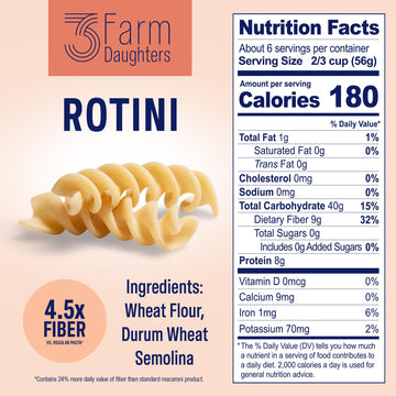 Three Farm Daughters High Fiber Pasta Rotini Pack, Low Gi, Non Gmo Rotini Pasta Noodles, Low Net Carb, Made In The Usa, 12 Oz. (