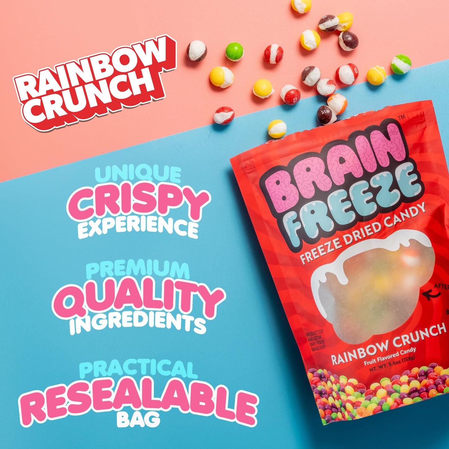 Brain Freeze Rainbow Crunch Freeze-Dried Candy - Irresistible Sweet & Tangy Gourmet Snack - Single Pack