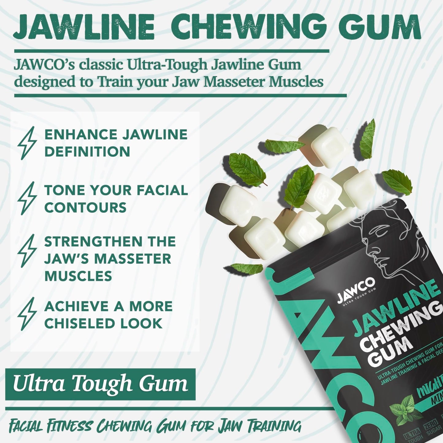 Jawcko Ultra-Tough Jawline Chewing Gum | Get A Stronger, Squarer Jawline | Mighty Mint Jaw Training Hard Gum | Chisel, Sculpt, Tone Your Jaw | 15X Hardness | Facial Fitness Mewing Gum | 40 Pieces/Pack