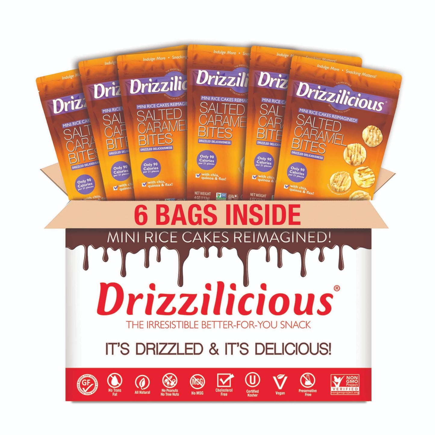 Drizzilicious Mini Rice Cakes Salted Caramel - Rice Crisps, Healthy Snack For Mature-Themeds & Kids, Flavored Rice Cakes, Vegan, Gluten Free, Allergen Free, 90 Calories Per Serving- 4 Oz (Pack Of 6)