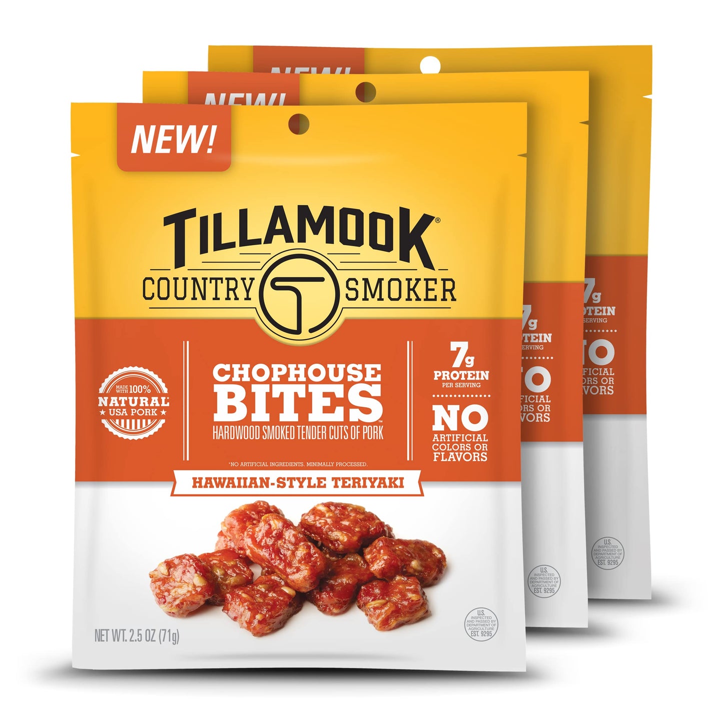 TILLAMOOK COUNTRY SMOKER Pork Snacks, Hawaiian-Style Teriyaki, Gluten-Free, 2.5oz Pack of 3