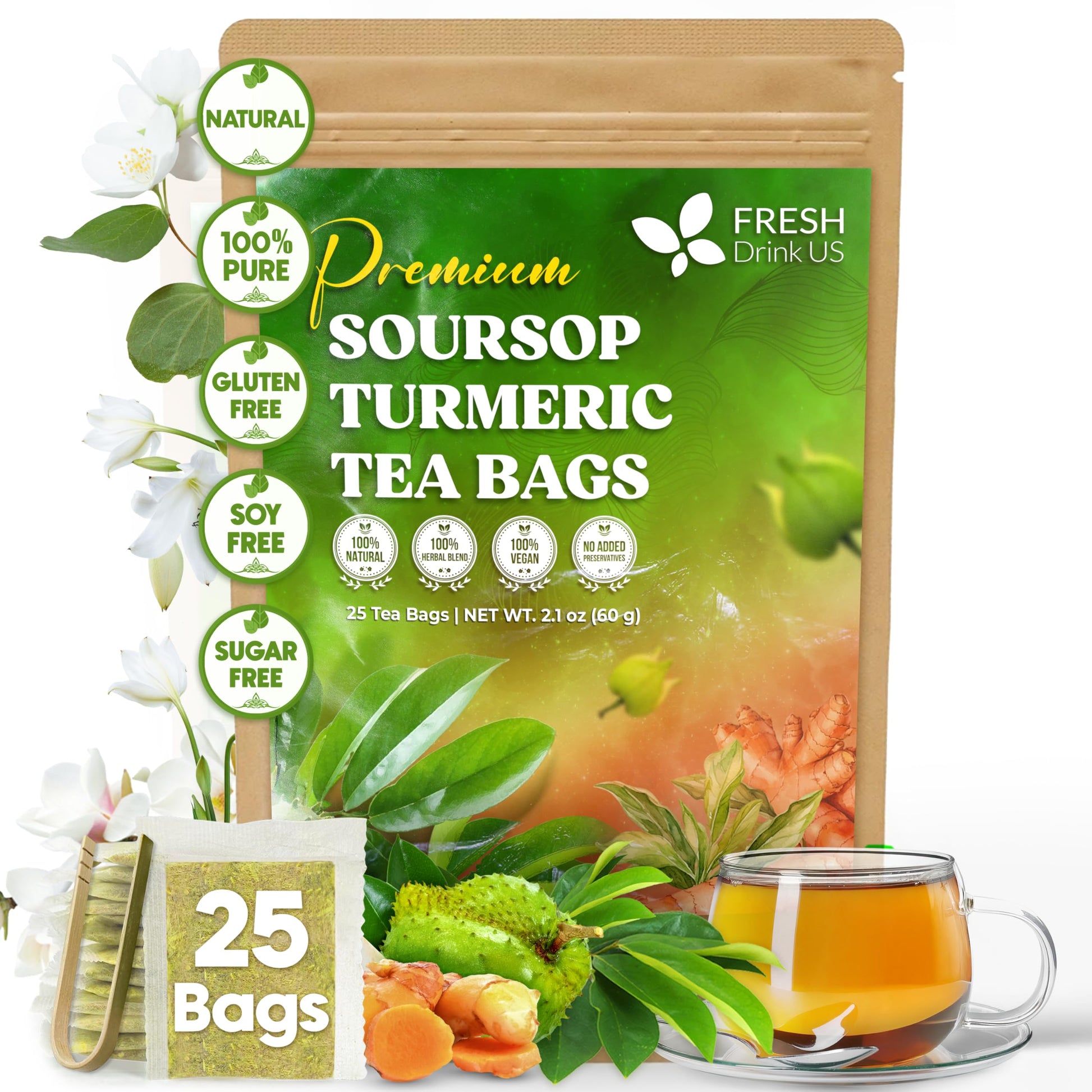 Freshdrinkus  Top-Grade 25 Tea Bags Soursop Turmeric  100% Natural  Blend Of Soursop Leaves  And Turmeric Root. Made With Natural Material Tea Bags. No Sugar  Vegan.