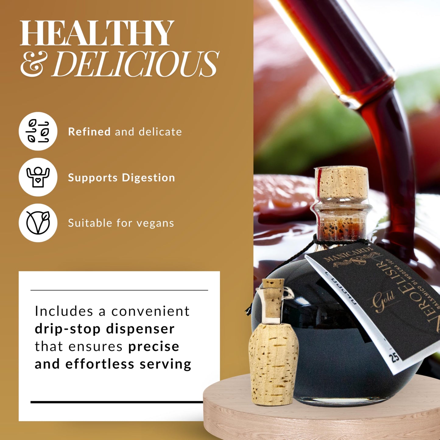Manicardi Traditional Balsamic Vinegar Of Modena Pgi - Dense Gold Elisir With Drip-Stop Dispenser Perfect For Snacks, Pasta, Veg