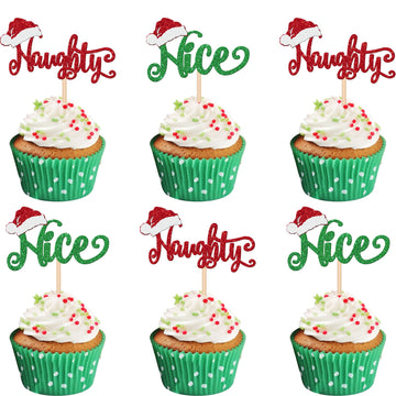 24 Pcs Naughty Or Nice Cupcake Toppers Glitter Santa Hat Merry Christmas Cupcake Picks Naughty Or Nice Cake Decorations For Merr