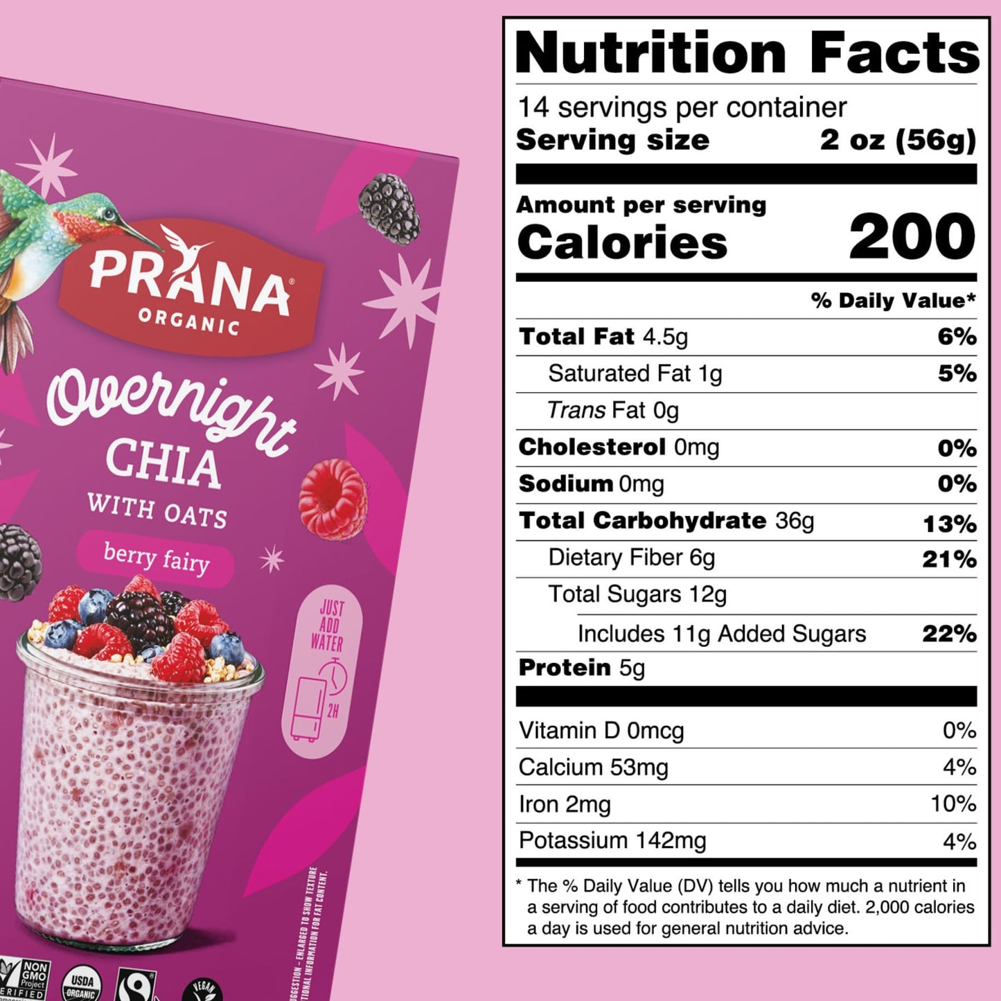 Prana Organic Overnight Chia With Oats Berry Fairy | Rich In Fiber & Protein, Vegan, Non-Gmo | Ready To Eat Breakfast - 5 X 1.76