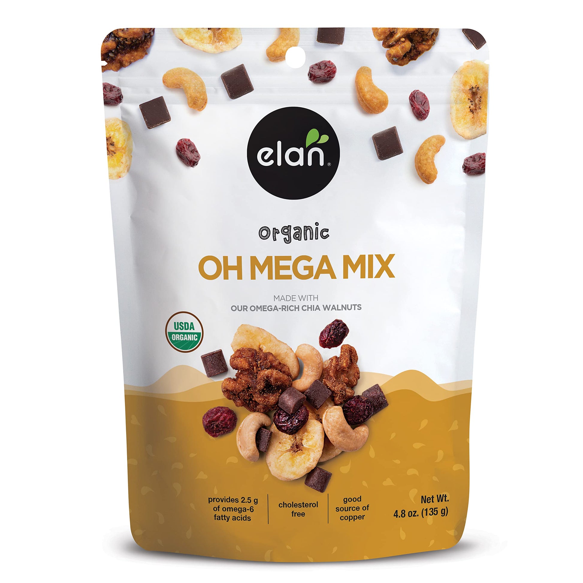 Elan Organic Oh Mega Mix, Vegan Dark Chocolate with Dried Fruits & Nuts, 4.8 oz, Gluten-Free, Non-GMO, Guilt-Free Snacks, Brown