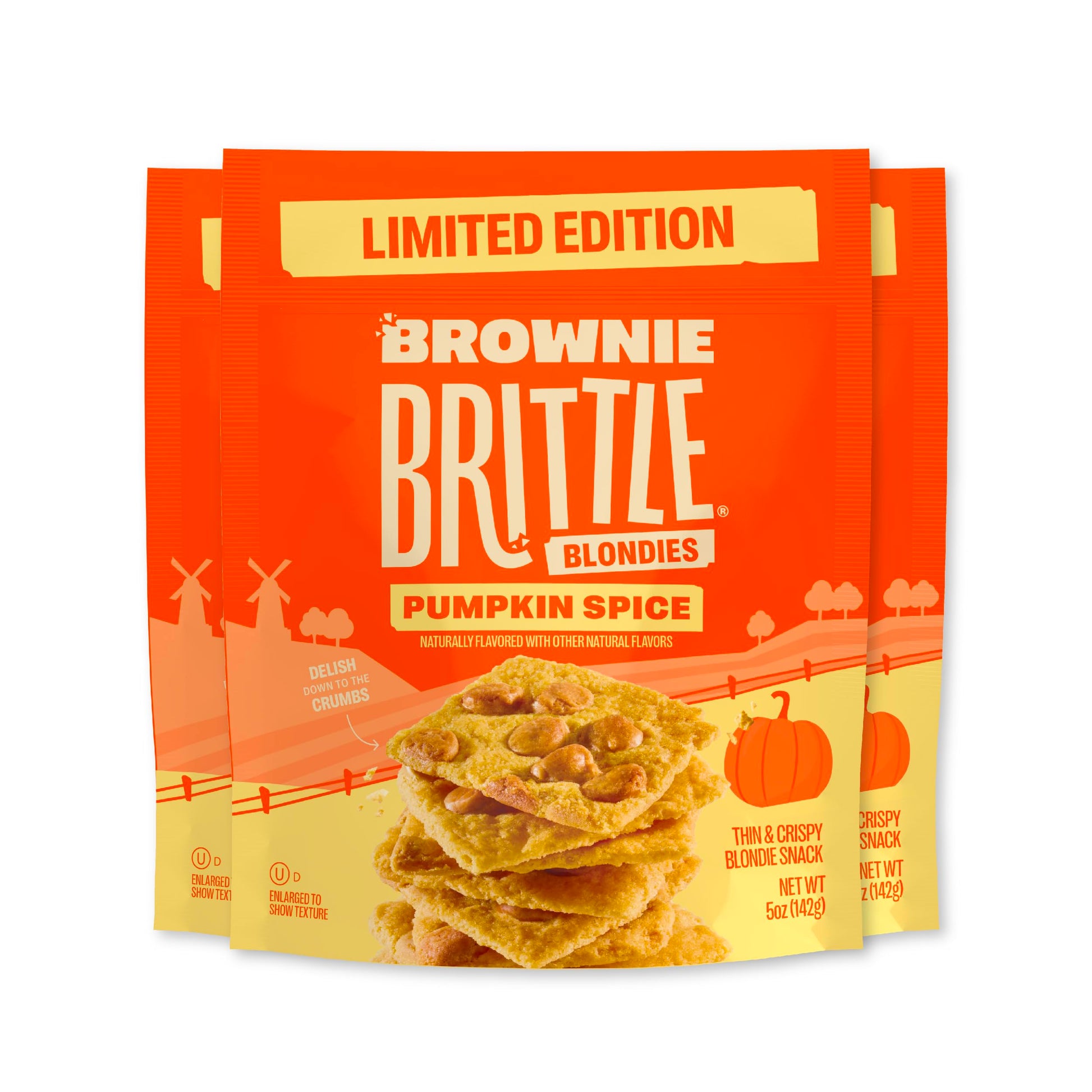 Brownie Brittle - Pumpkin Spice Blondie Thin and Crispy Sweet Snacks (Pack of 3, 5 oz), Rich Gourmet Brownie Bites Dessert