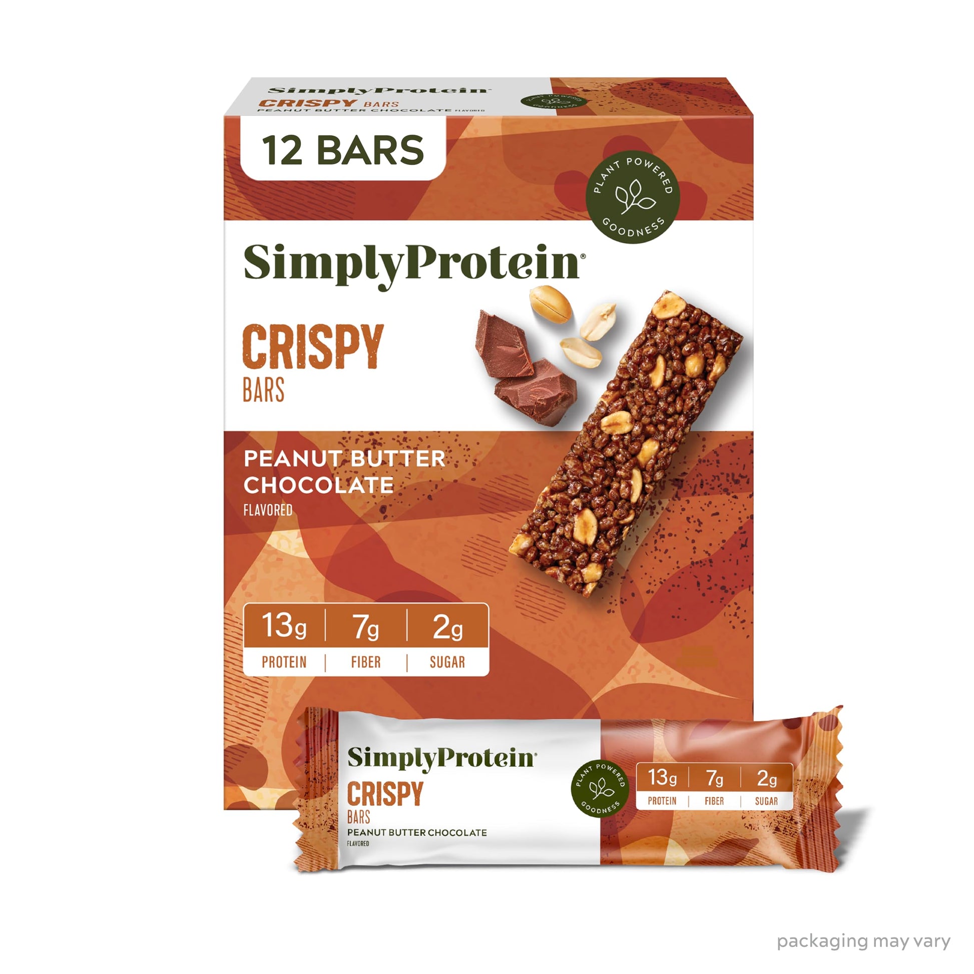 Simply Protein Peanut Butter Chocolate Crispy Bars - 13g Protein, Low Carb, Vegan, Gluten Free - 12 Count