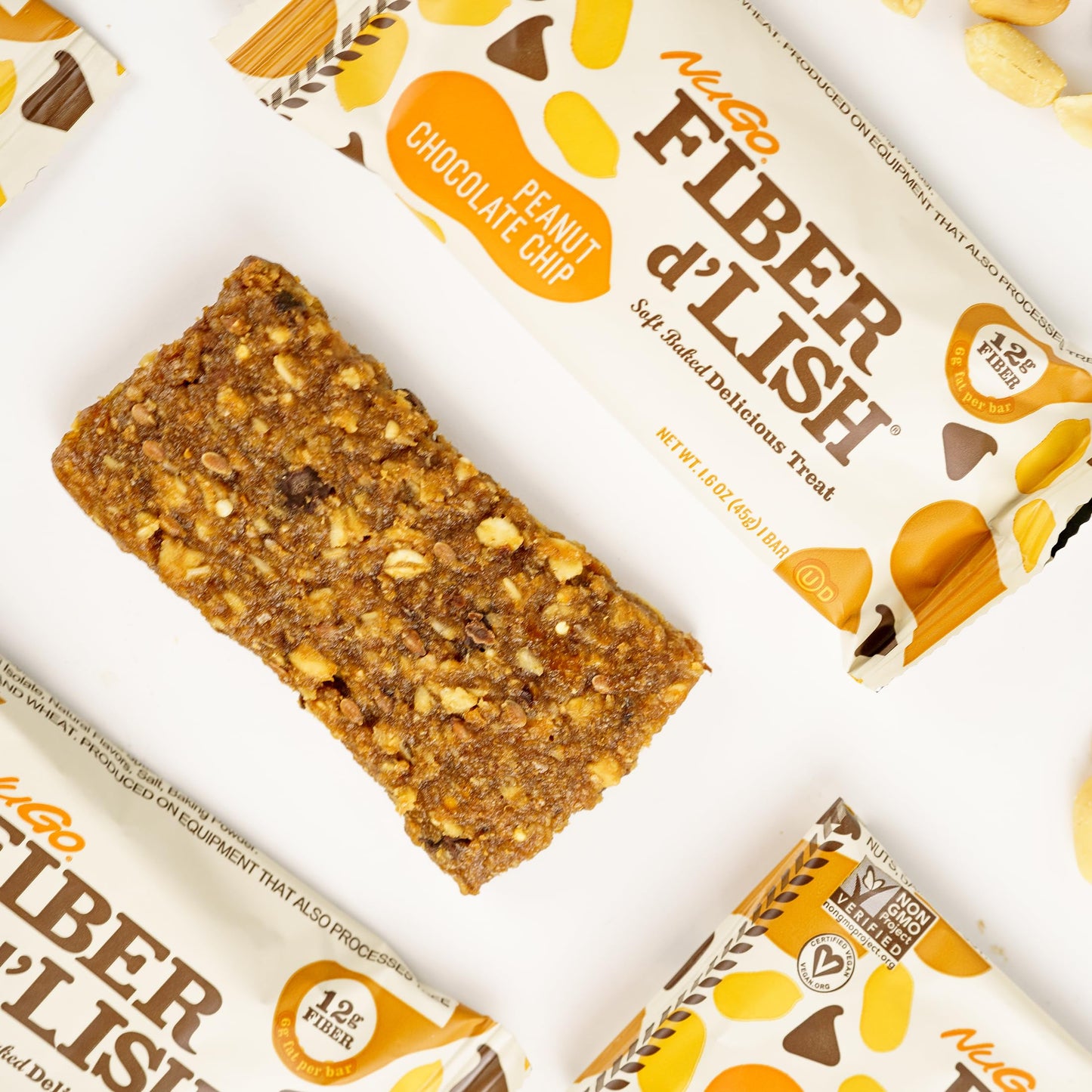 Nugo Fiber Dlish Peanut Chocolate Chip, 12G High Fiber, Vegan, 160 Calories, 16 Count