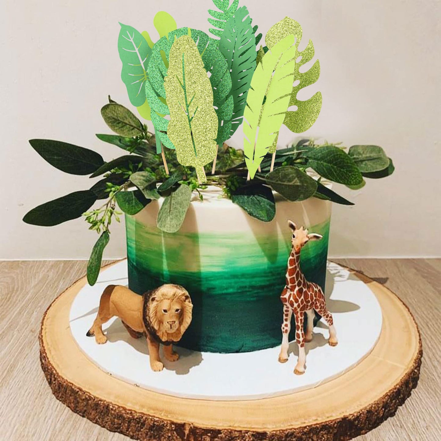 Gyufise 16Pcs Tropical Leaves Cake Toppers Glitter Palm Turtle Leaves Cake Toppers Green Leaf Forest Cupcake Plant Leaf Tropical