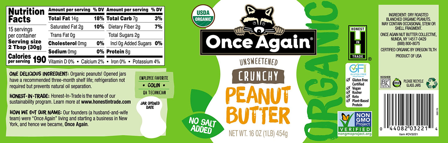 Once Again Organic Crunchy Peanut Butter, 16oz - Salt Free, Unsweetened - USDA Organic, Gluten Free Certified, Vegan, Kosher - G