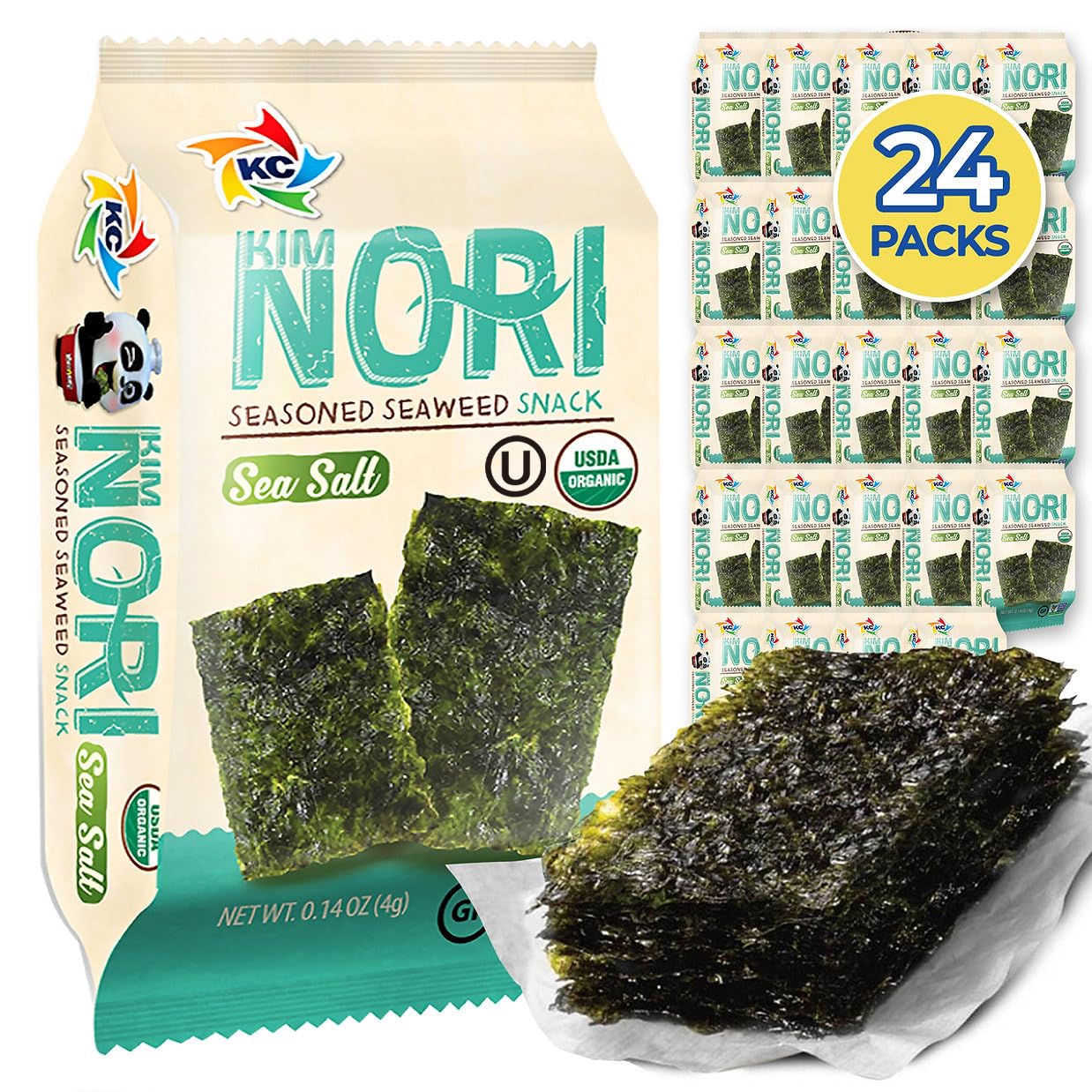 KIMNORI Seasoned Seaweed Snacks - Organic Sea Salt Flavor, 24 Packs, 4g Each, 100% Natural Laver, Roasted Crispy Seaweed