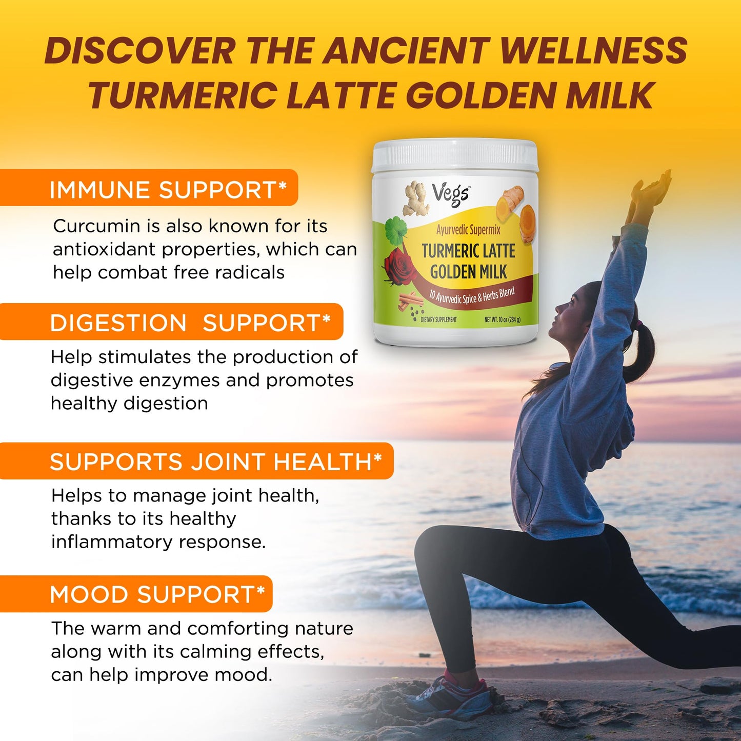 Vegs Turmeric Latte Golden Milk - Ayurvedic Super Spice Mix Golden Milk with Turmeric, Ginger, Rose Petals, Cinnamon, Ashwagandh