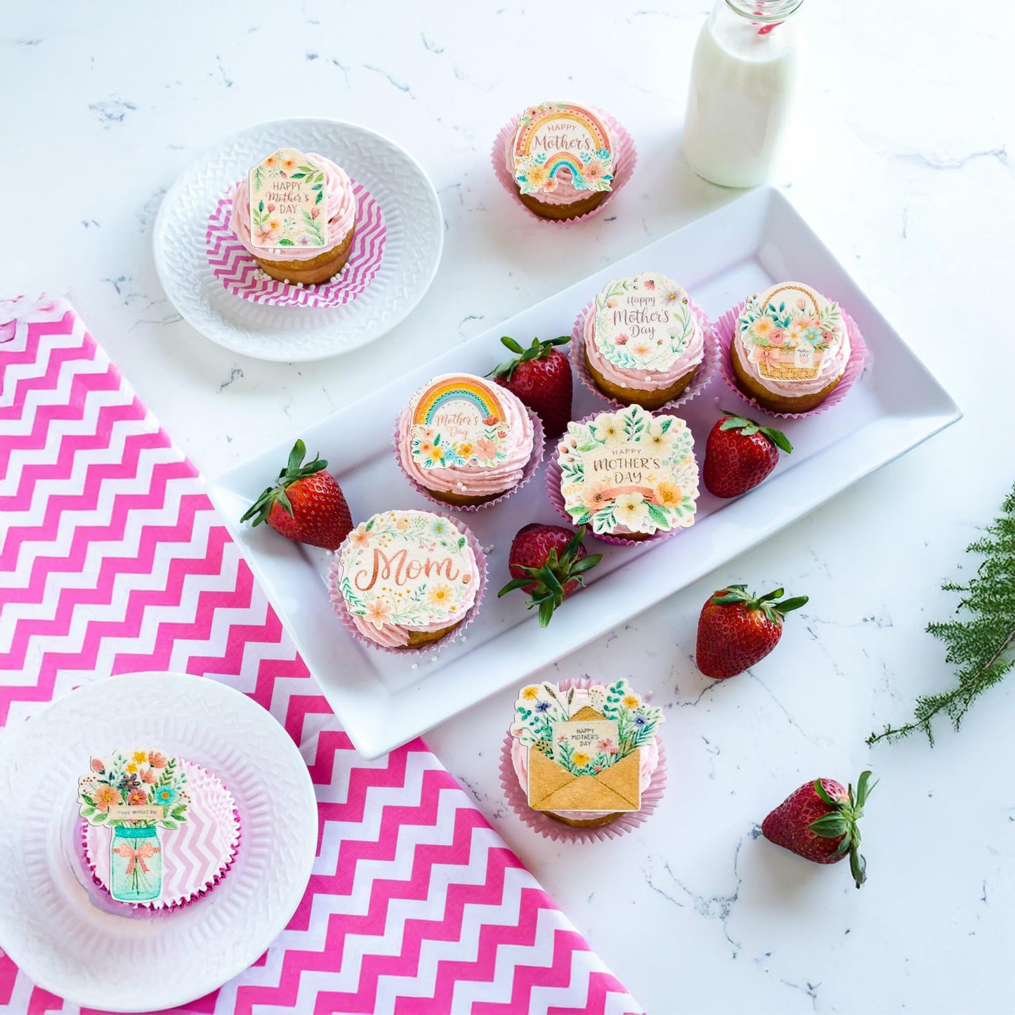 Ephlyn Cupcake Toppers 54 Pcs Edible Rainbow Flowers for Mothers Day Cake Decoration Pink
