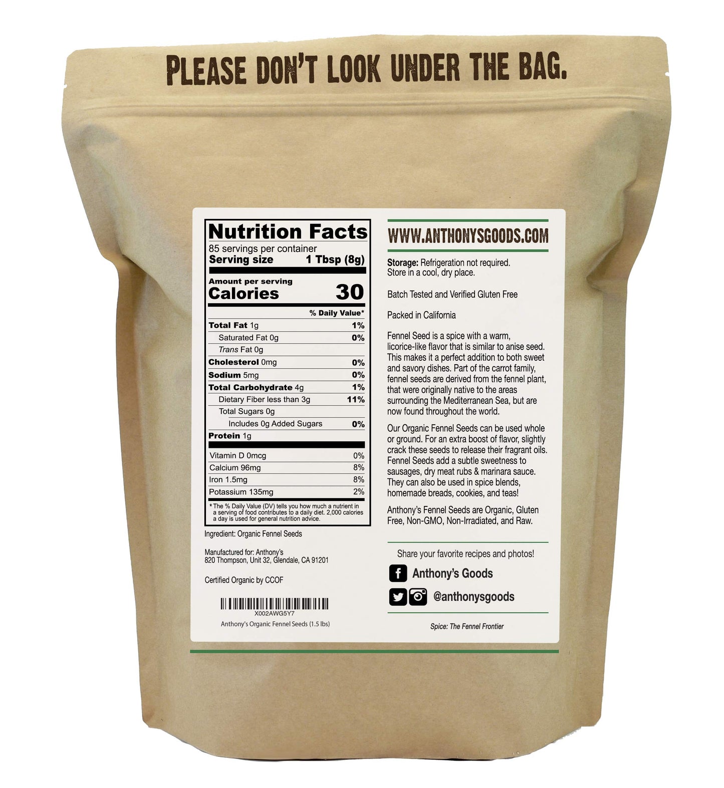 Anthonys Organic Fennel Seeds, Whole Non-Irradiated, Gluten-Free, Non-GMO, 1.5 lb