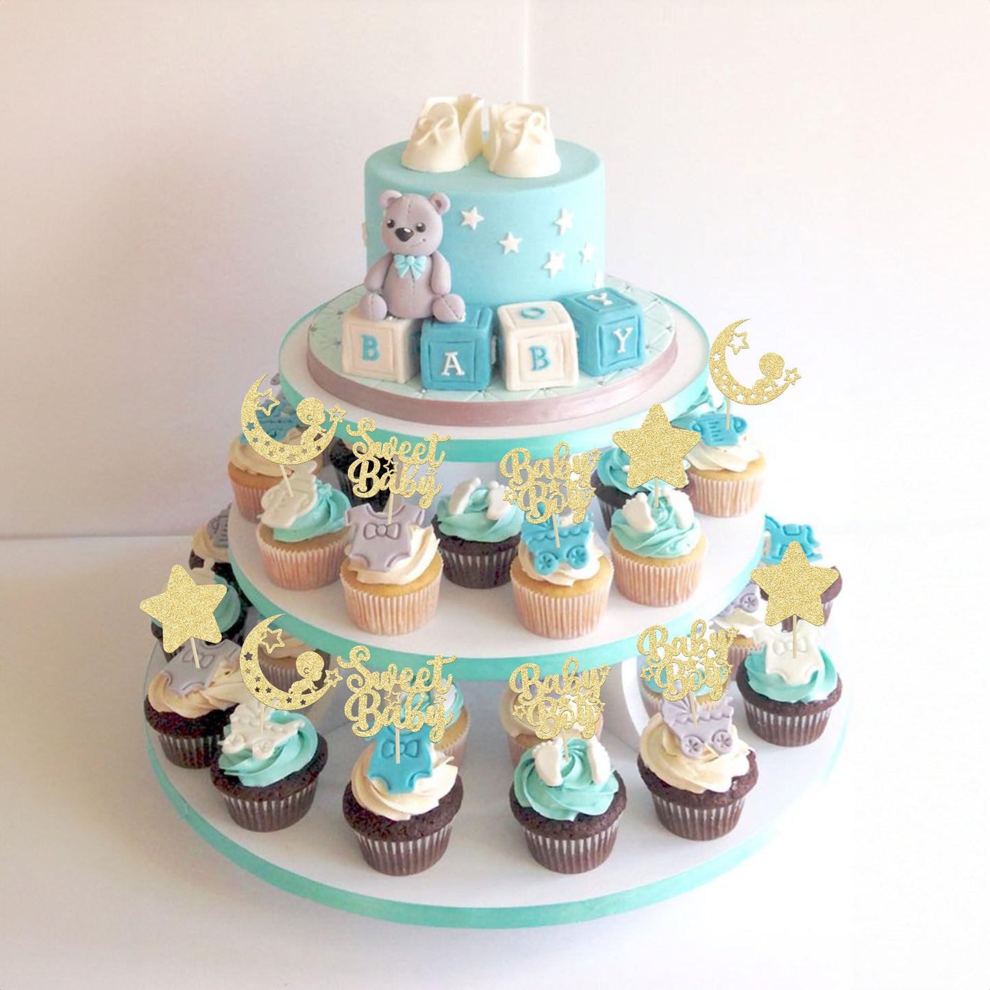 Gyufise 24Pcs Gold Baby Shower Boy Cupcake Toppers Glitter Star Moon Sweet Baby Cake Decorations Baby Boy Cupcake Picks For Baby