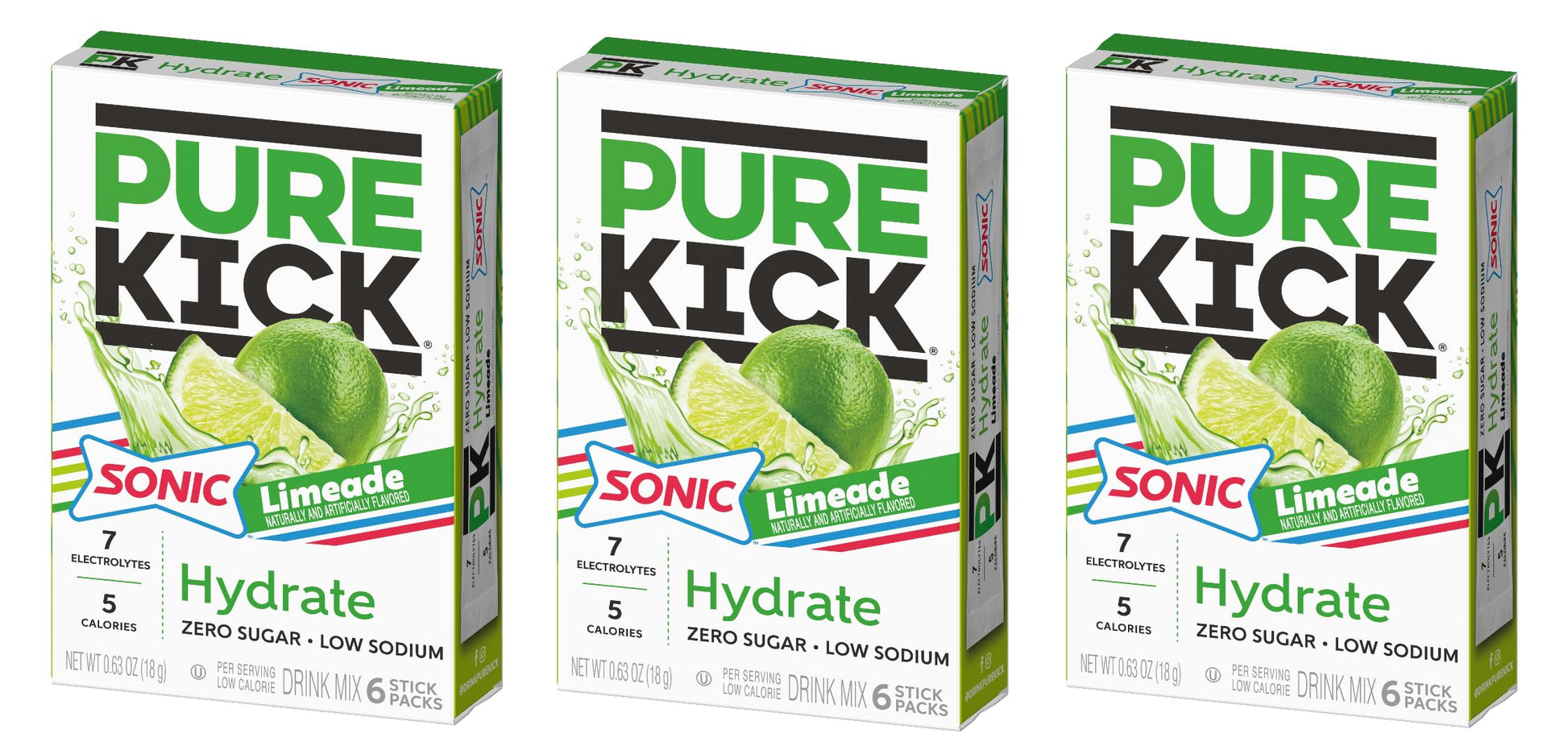 PURE KICK Powdered Drink Mix - Sonic Limeade - Low Calorie, Zero Sugar - Pack of 3, 18 Servings