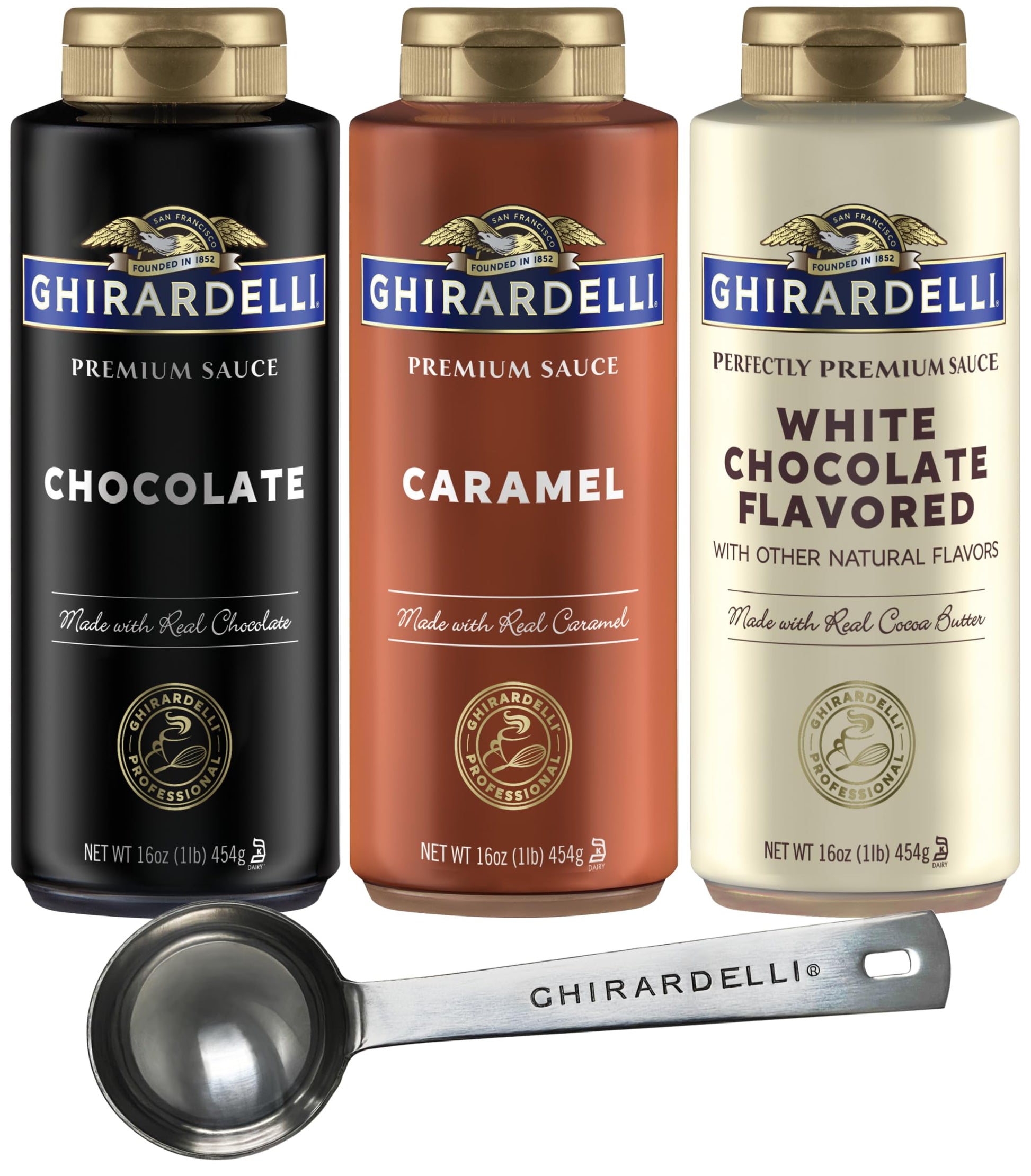 Ghirardelli Chocolate Sauce, White Chocolate Flavored Sauce, Caramel Sauce 16 oz Squeeze Bottles (Pack of 3) with Ghirardelli St