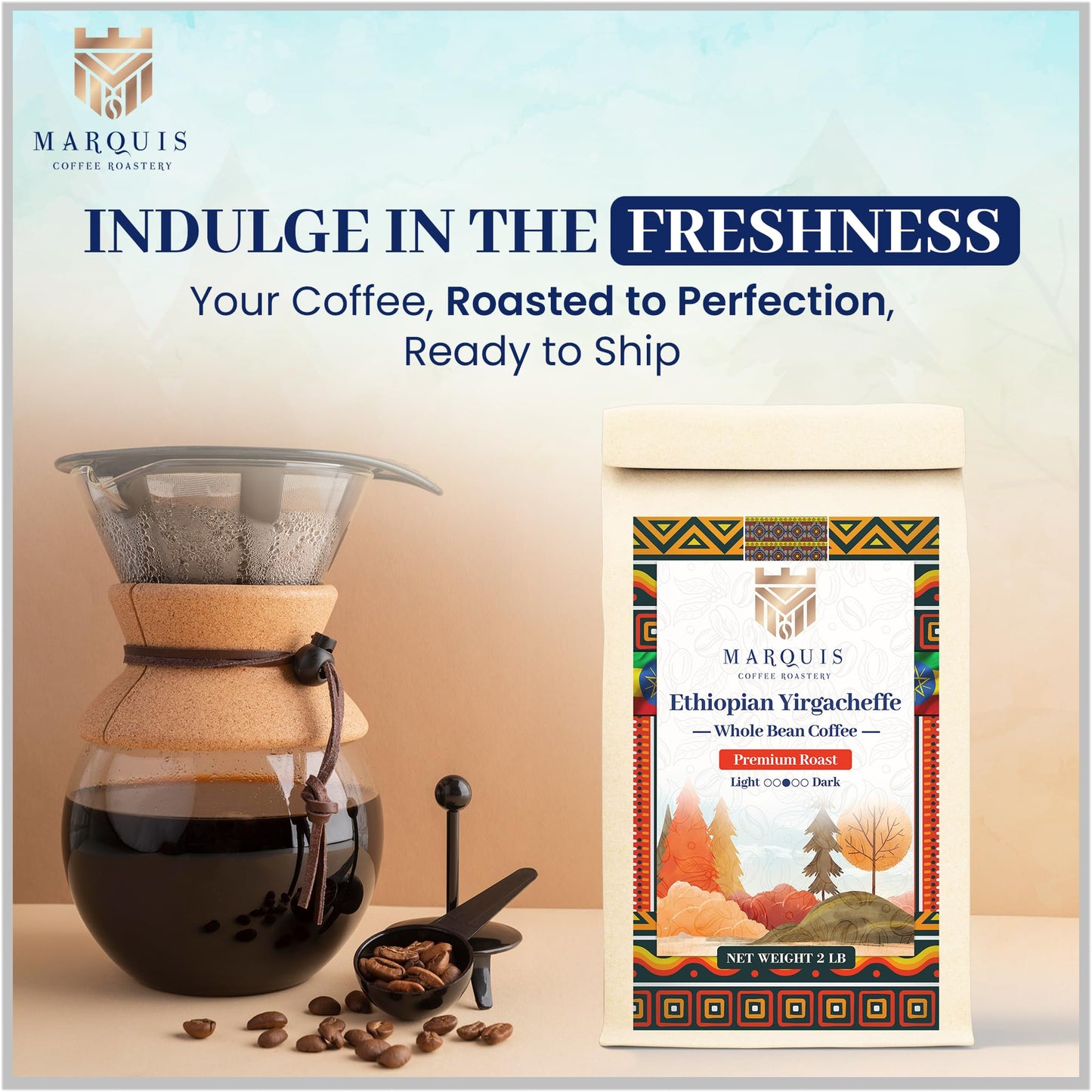 Marquis Ethiopian Yirgacheffe Coffee Beans, Medium Roast, Fruity Flavor, Whole Bean, 2 lb