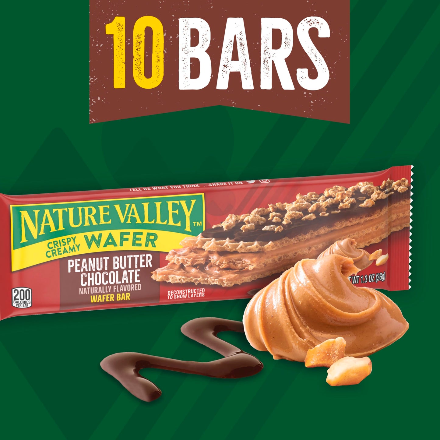 Nature Valley Wafer Bars, Peanut Butter Chocolate Flavored Snacks, 10 Bars, 13 Oz