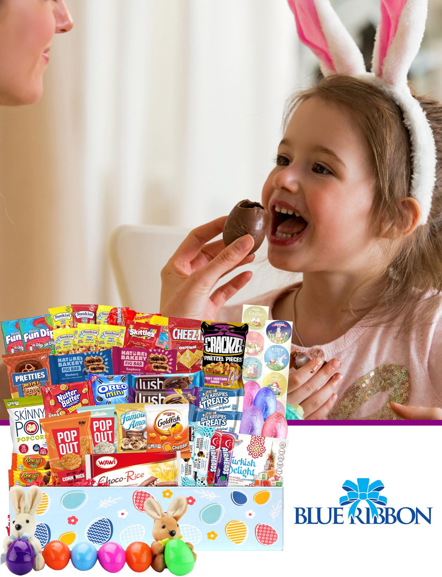 BLUE RIBBON, Easter Gift Basket (82 Count) Care Package with Two Plush Bunny Treats Snacks Cookies Candy Toys Gift Box for Kids