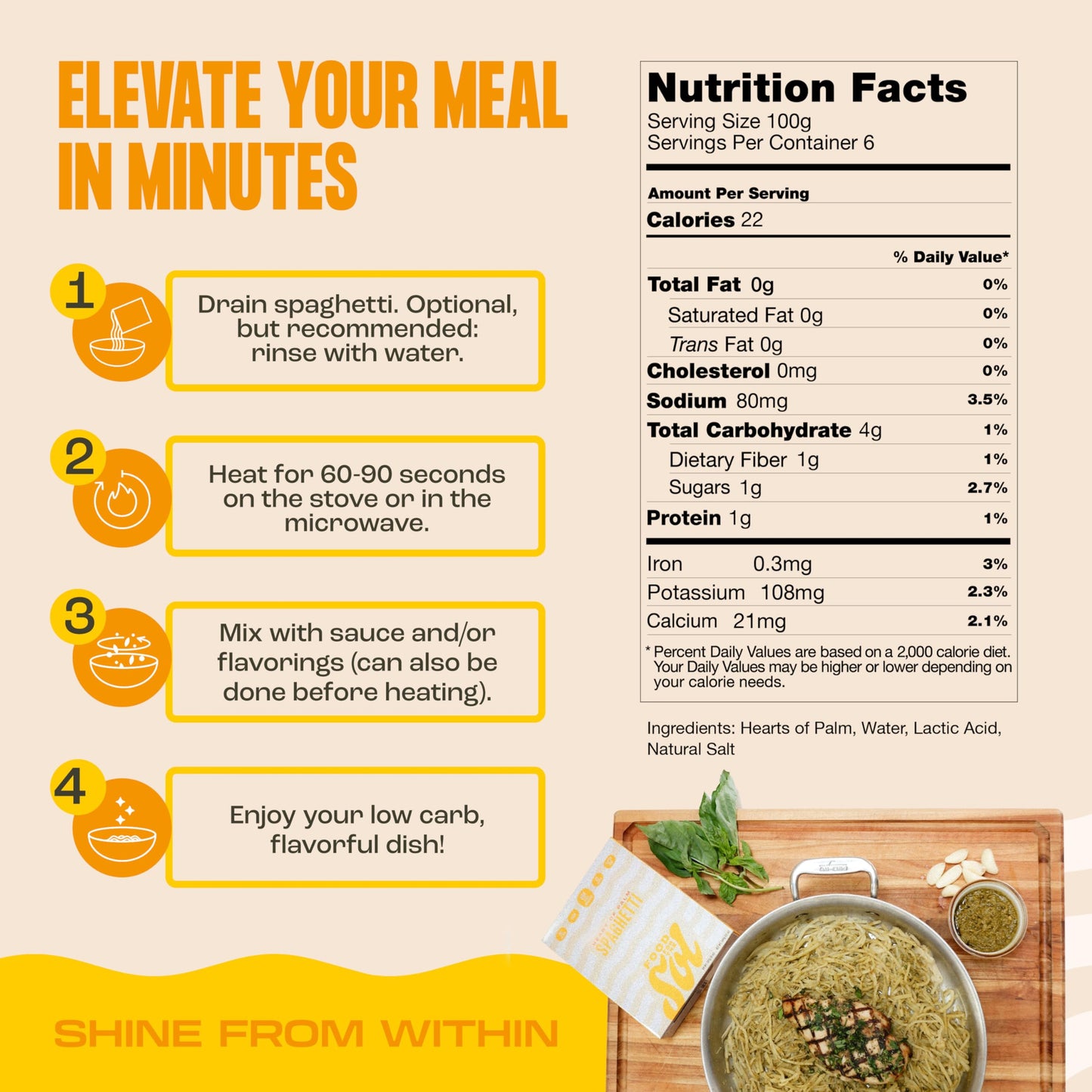 Food for the Sol Hearts of Palm Spaghetti (3-Pack) - 22 Calories Delicious, Gluten Free Low Carb Pasta - Healthy, Clean Ingredie