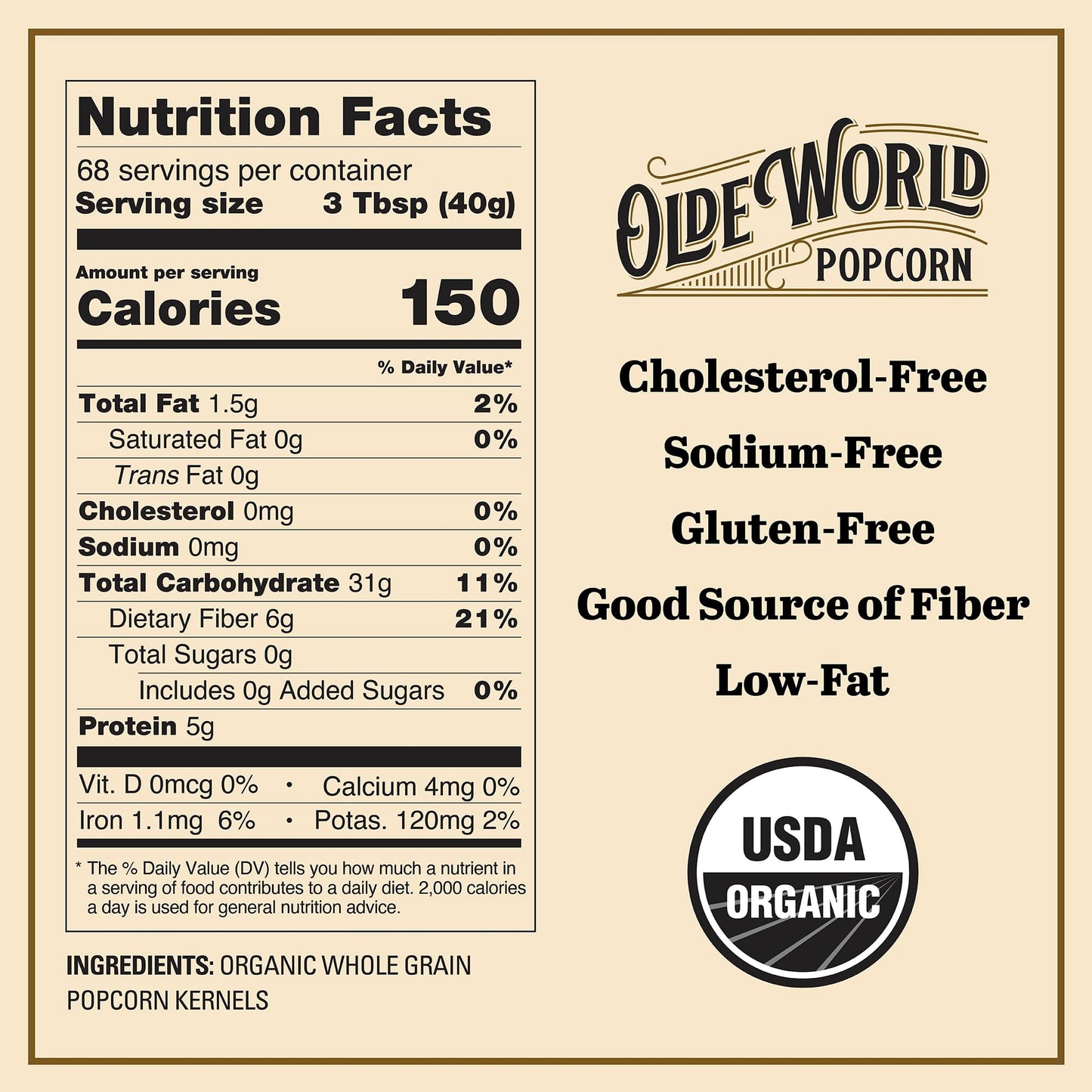 Organic Yellow Popcorn Kernels 6 Lb Bag, Non-Gmo & Gluten Free, Sodium-Free, Pesticide-Free, Unsalted, Plant-Based, Sugar-Free, Old Fashioned Regenerative-Farmed Large Popcorn From Olde World Popcorn