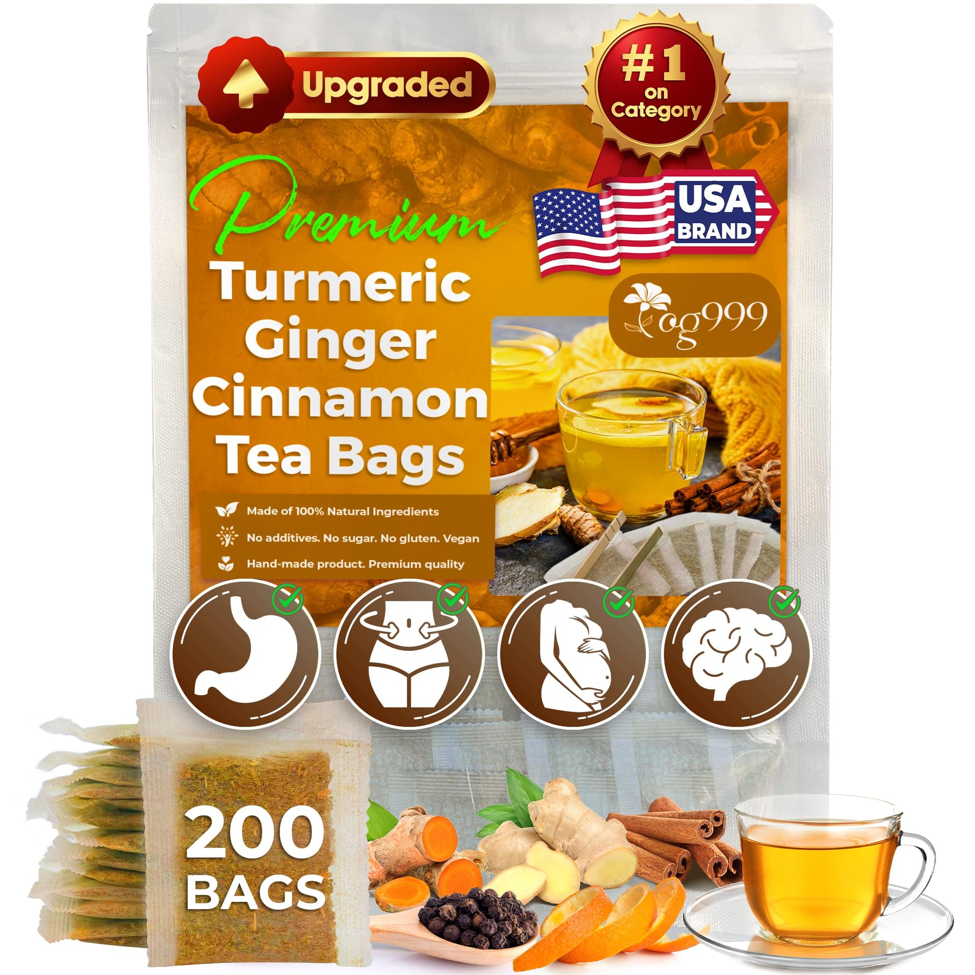 Tog999  200 Bags Top-Grade Turmeric Flavor Blendger Cinnamon Tea. Upgraded Version. Improve Digestion  Support Brain  Weight  Skin And Sleep. Eco-Conscious Tea Bags. No Sugar  No Energy Blend  No Gluten  Vegan.