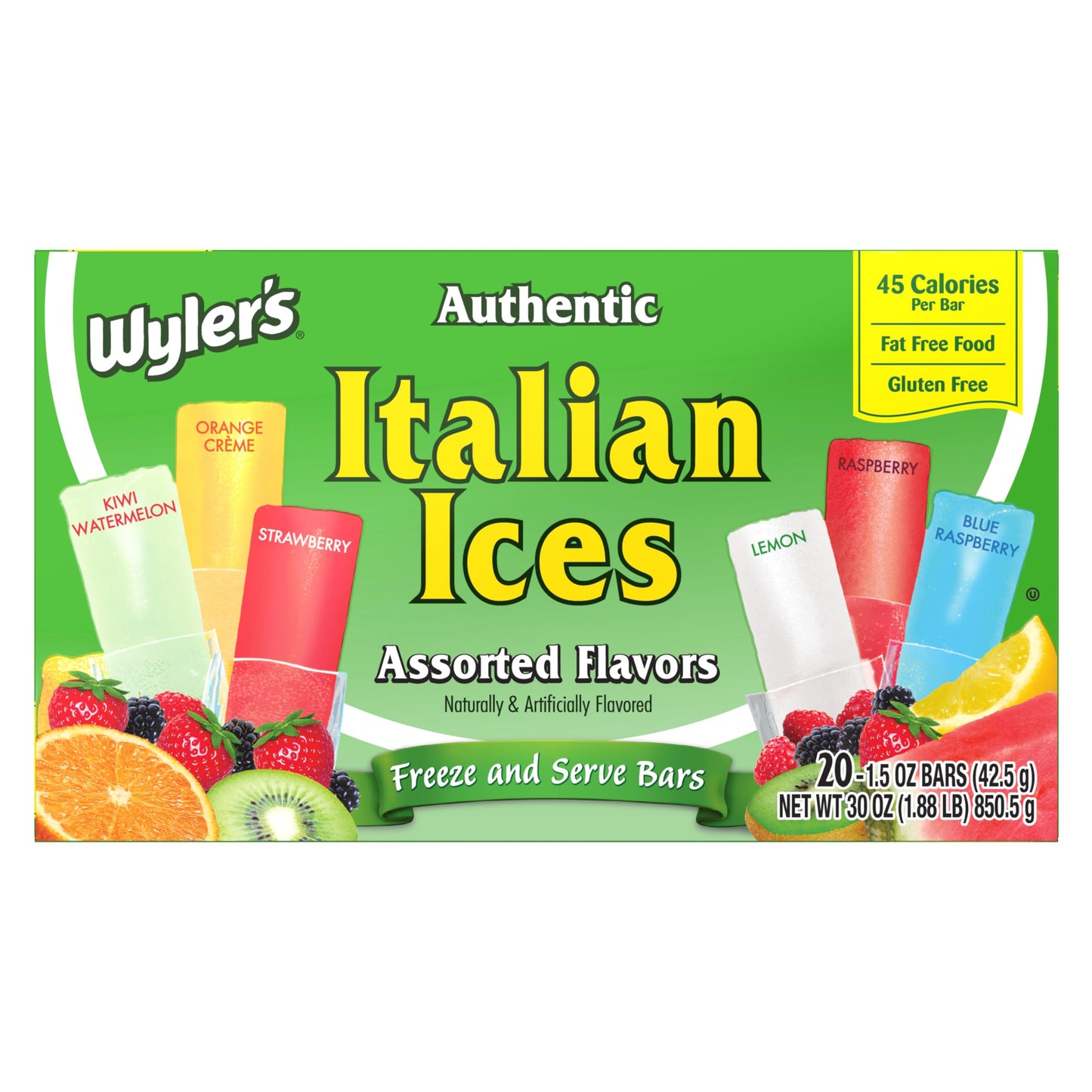Wylers Authentic Italian Ice Fat Free Freezer Bars Original Flavors 1.5oz bars, 20 count