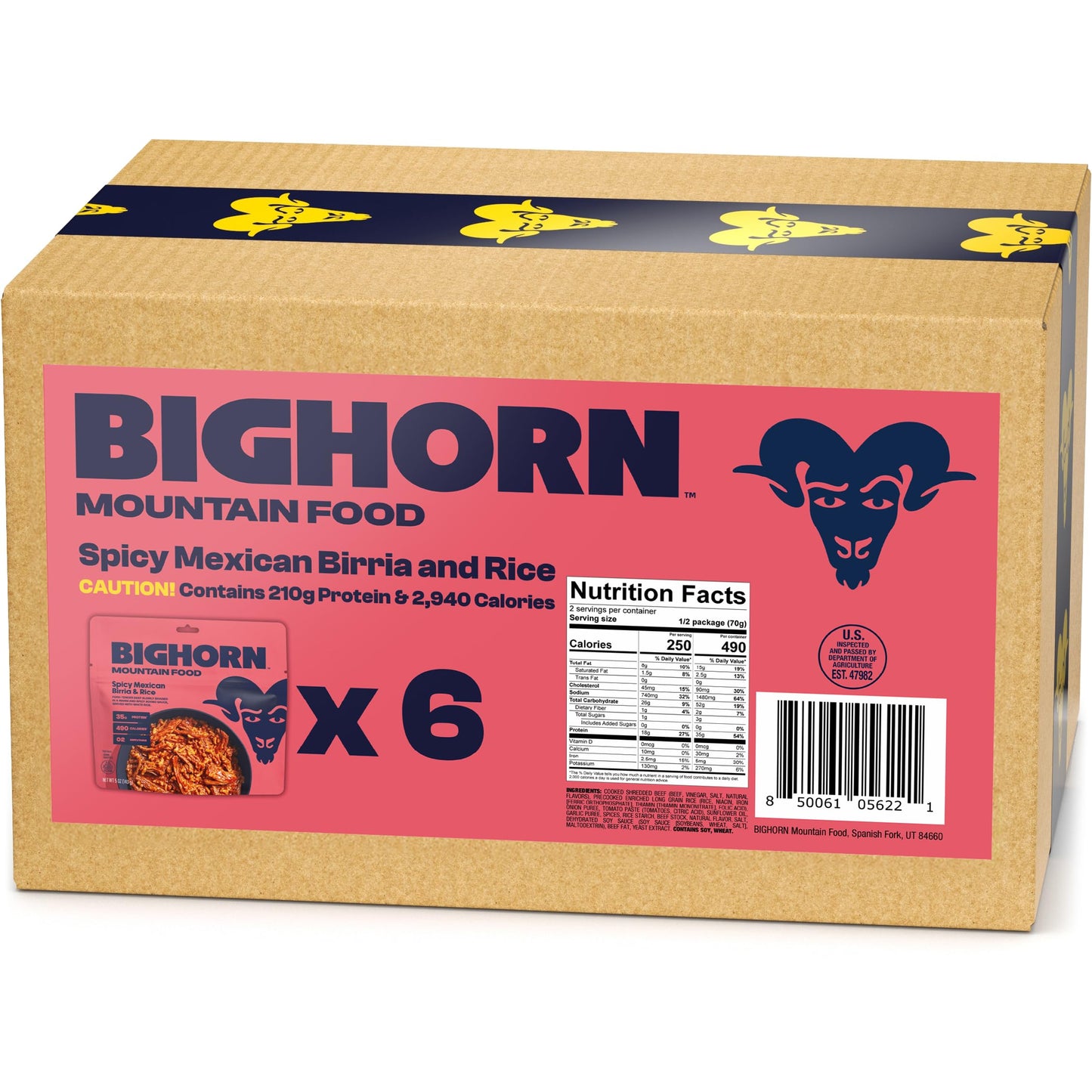 Bighorn Mountain Food Spicy Mexican Birria And Rice - Contains 6 Packs | 12 Servings | 210G Protein | 2,940 Calories - Enhanced Freeze Dried Meals For Backpacking Food - Dehydrated Camping Food For Backpacking Meal - Just Add Water - Great Taste