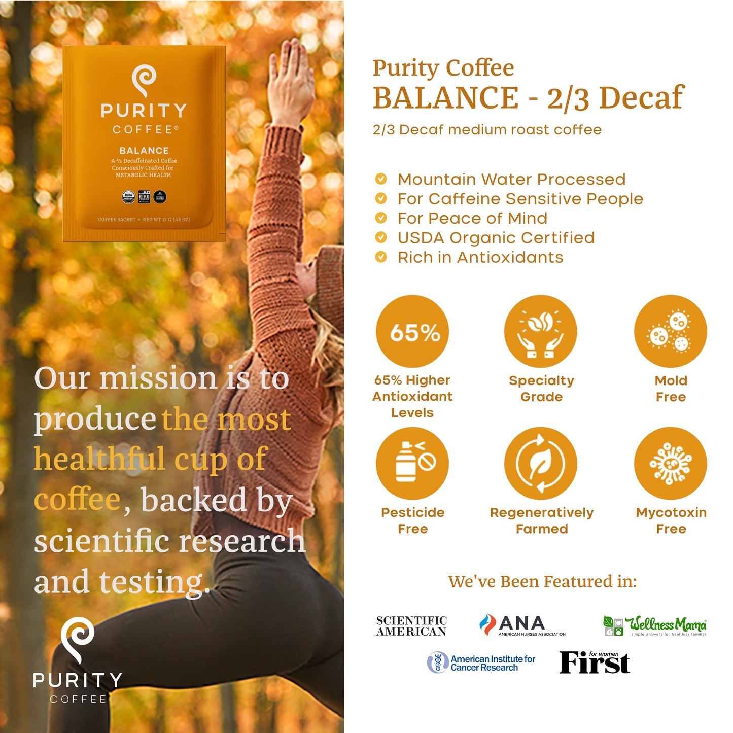 PURITY COFFEE BALANCE Decaf Medium Roast Coffee Single-Serve Packets, 5ct, USDA Organic, Mountain Water Processed