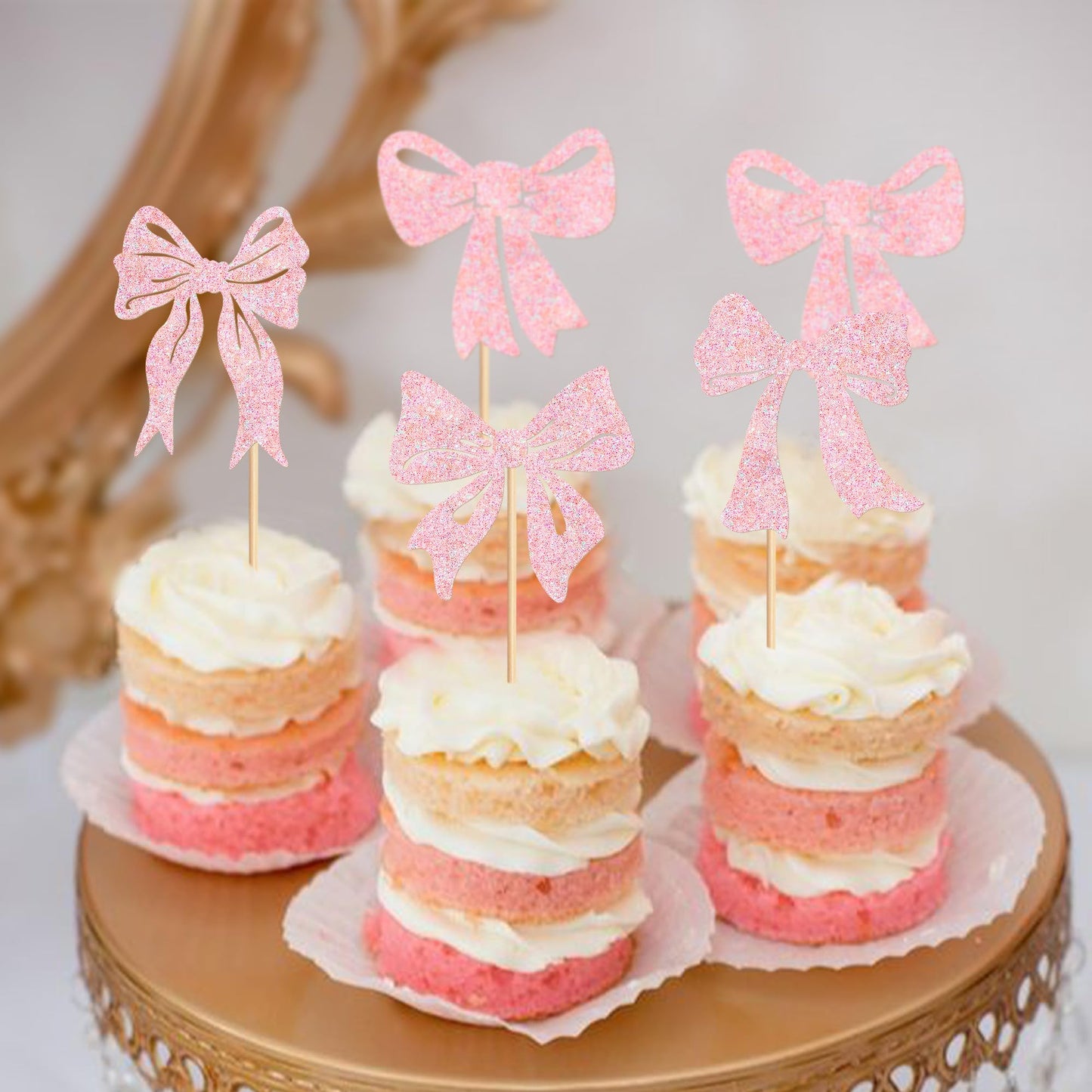 Cyodoos 24Pcs Pink Bowknot Cupcake Toppers Cake Dessert Picks Decoration For Baby Shower Princess Cupcake Toppers For Birthday P