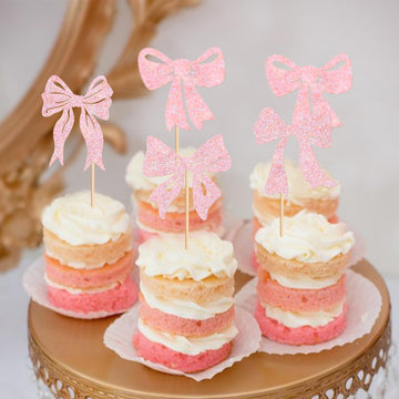 Cyodoos 24Pcs Pink Bowknot Cupcake Toppers Cake Dessert Picks Decoration For Baby Shower Princess Cupcake Toppers For Birthday P