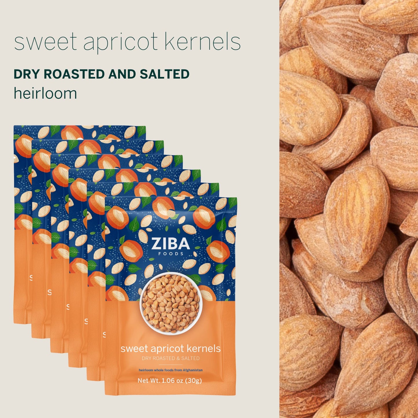 Ziba Foods Wild Grown Sweet Apricot Kernels, Non-GMO, Vegan, 1.06 oz, Pack of 6
