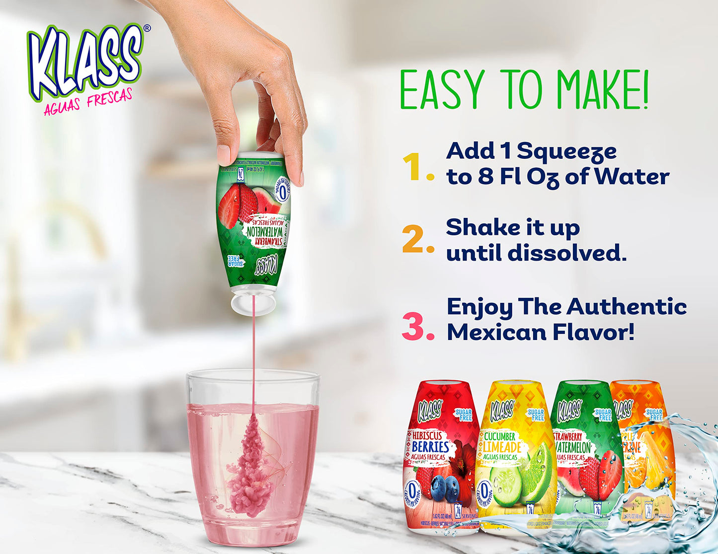 Klass Aguas Frescas | Liquid Water Enhancer | Sugar Free Naturally Flavored Strawberry Watermelon | Keto Friendly |1.62 Oz Pack