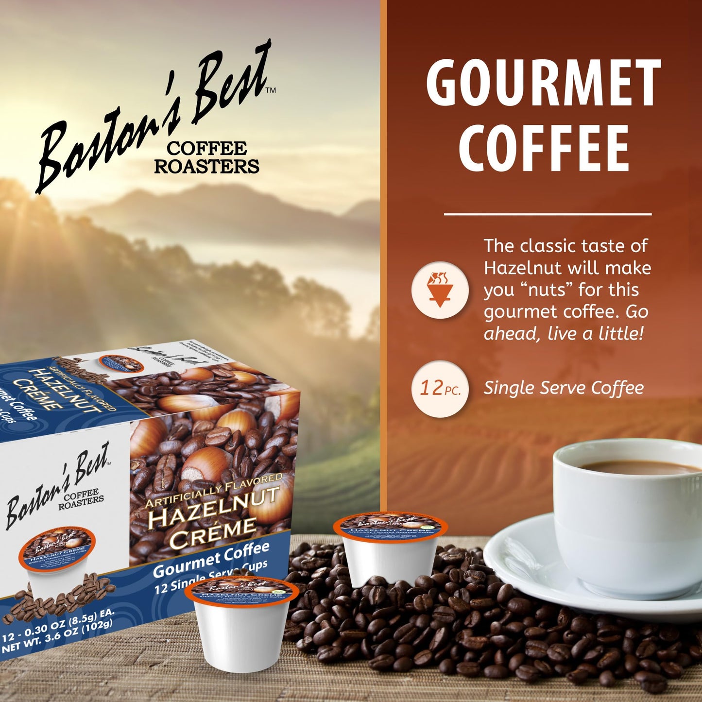 Bostons Best Hazelnut Creme Medium Roast Coffee, Compatible with Keurig, 12 Single Serve Cups