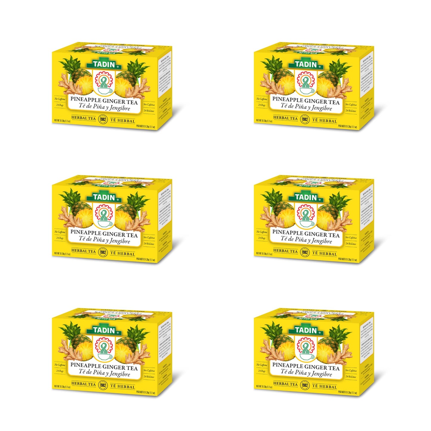 Tadin Pineapple Ginger Herbal Tea, Caffeine Free, 24 Bags, Pack of 6