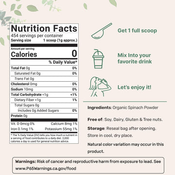 Micro Ingredients Sustainably US Grown, Organic Spinach Powder, 1 Pound, Freeze Dried from Whole Leaf, Rich in Beneficial Thylak
