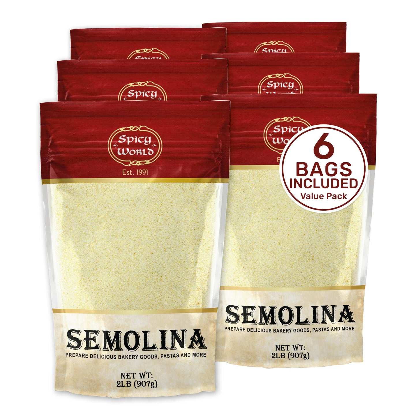 Spicy World Semolina Flour, Fine Durum Wheat Flour, 2 LB (Pack of 6), Ideal for Pasta, Bread, Pizza, Model SWSEM04