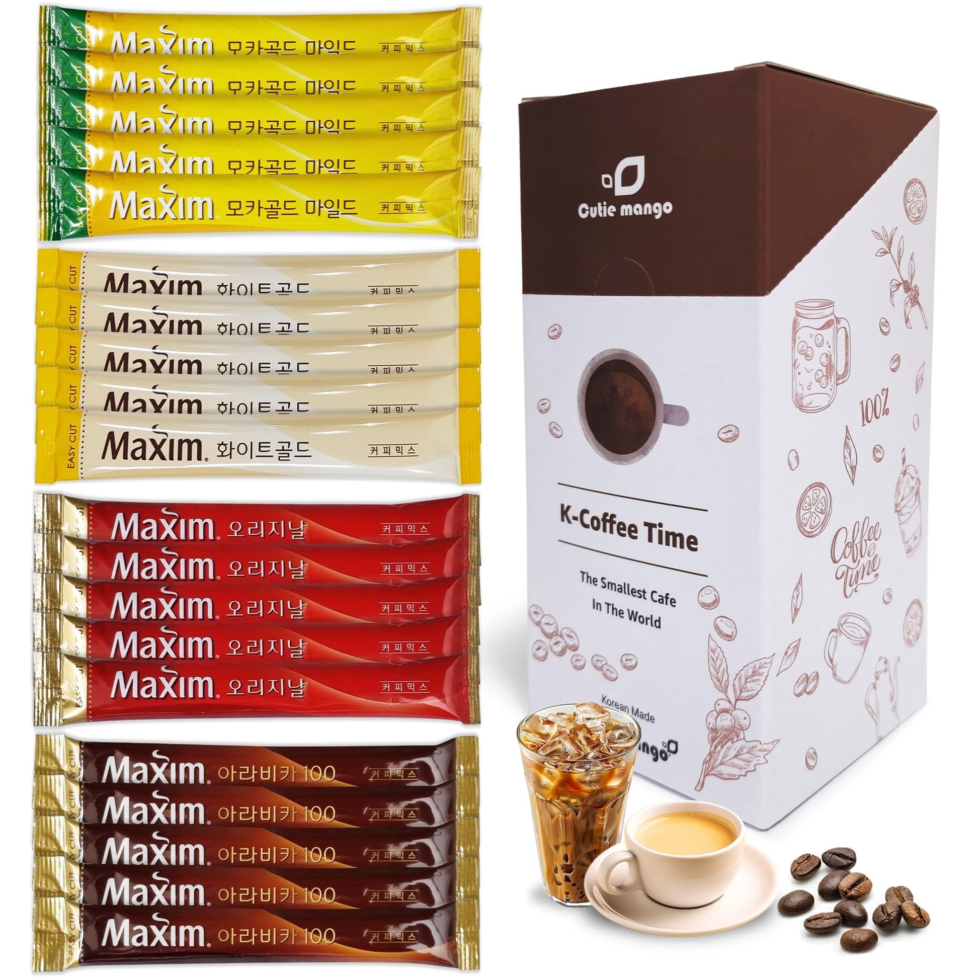 Korean Instant Coffee Mix Variety 20 Sticks Of 4 Types Single Serve/Maxim Instant Mocha White Arabica Original Flavors 5 Sticks
