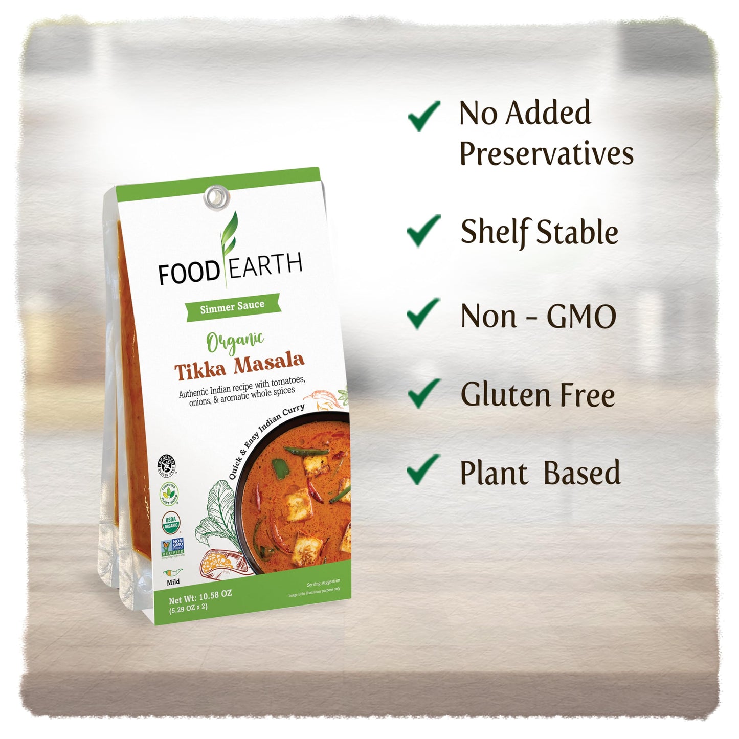 Food Earth Indian Simmer Sauce - Tikka Masala - Organic, Vegan, Gluten-Free, GMO-Free - Microwavable Cooking Sauce - 12 Pouches