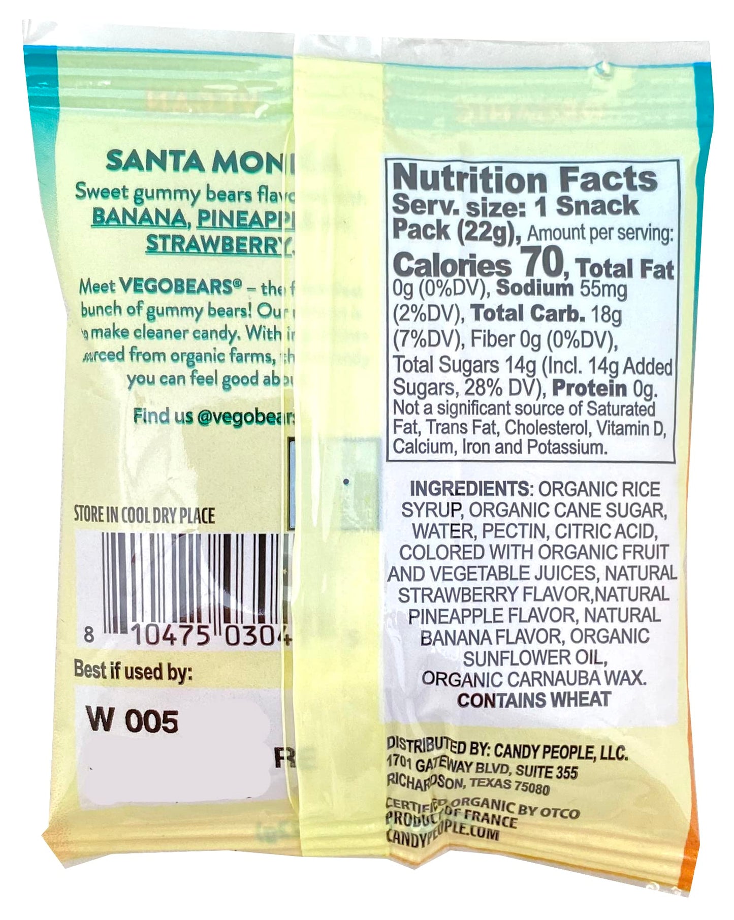 Candy People VegoBears Santa Monica Vegan Gummy Bears Snack Packs Organic Gummy Bears, Non-GMO, Banana, Pineapple & Strawberry G