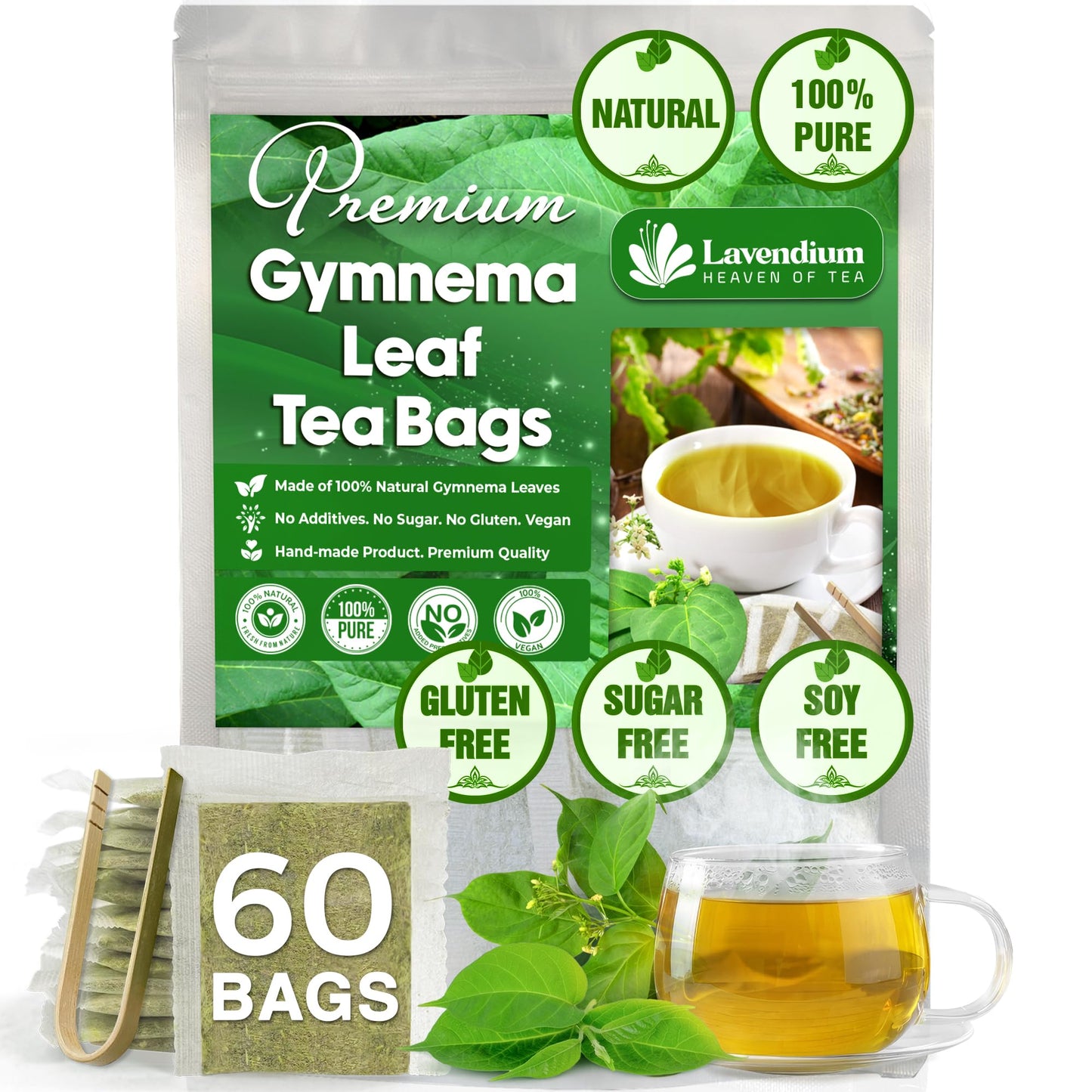 Lavendium Gymnema Leaf Tea Bags, 100% Natural, Vegan, 60 Count, Cold-Dried for Freshness and Nutrient Retention