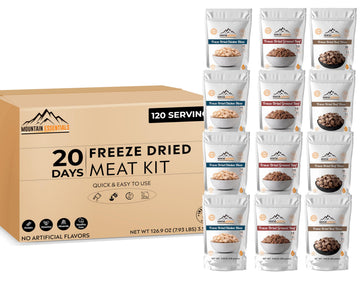 Mountain Essentials 120 Servings Freeze Dried Enhanced Variety Fully Cooked Meat Kit | High Protein Intake Contains 2988 Protein Ready To Eat Emergency Survival Easy Prep Food For Camping & Backpacking
