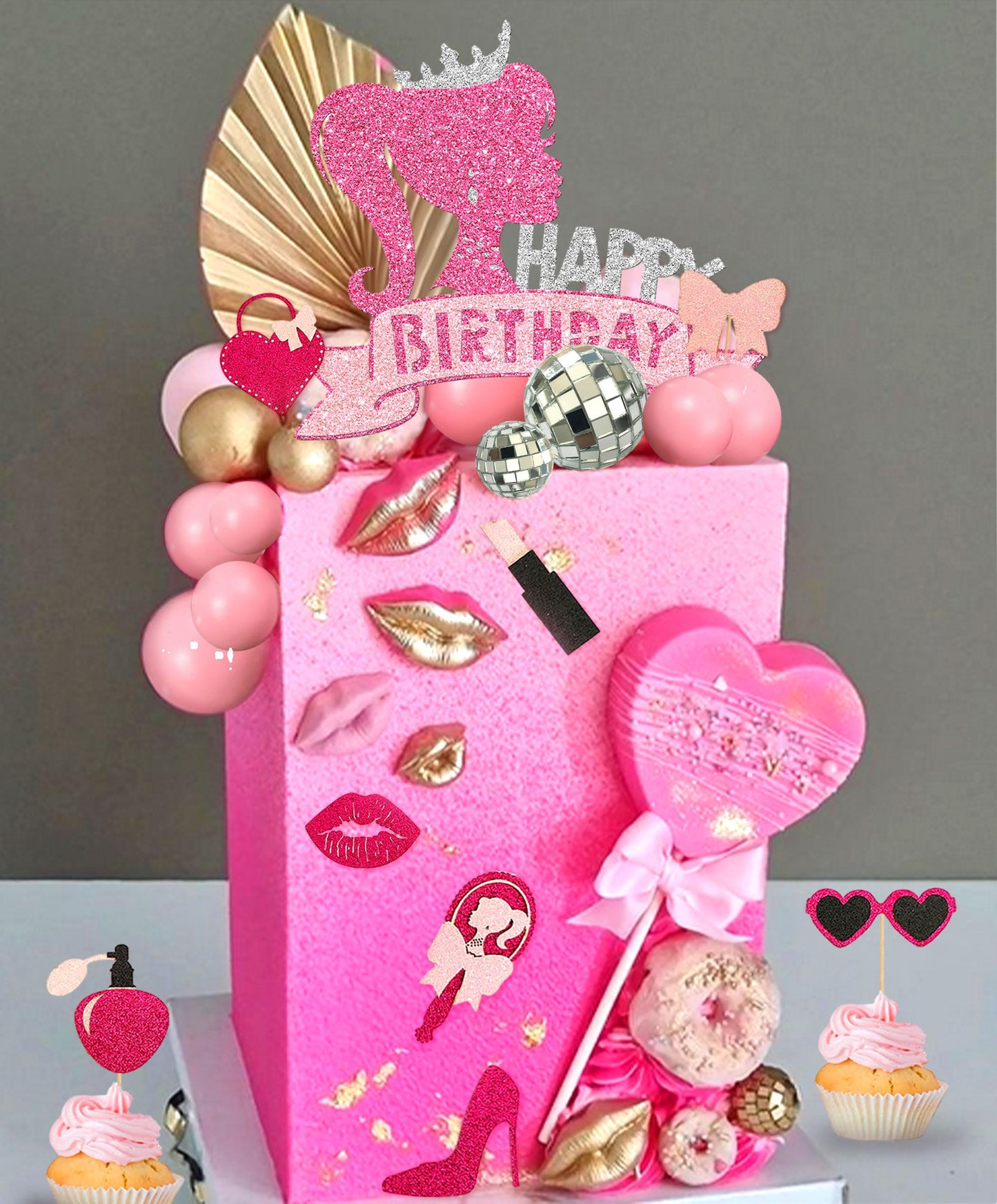 Jevenis Birthday Hot Pink Girl Birthday Cake Decoration Pink Girls Birthday Decoration Pink Balls Palm Leaves Heels Lipstick Bag