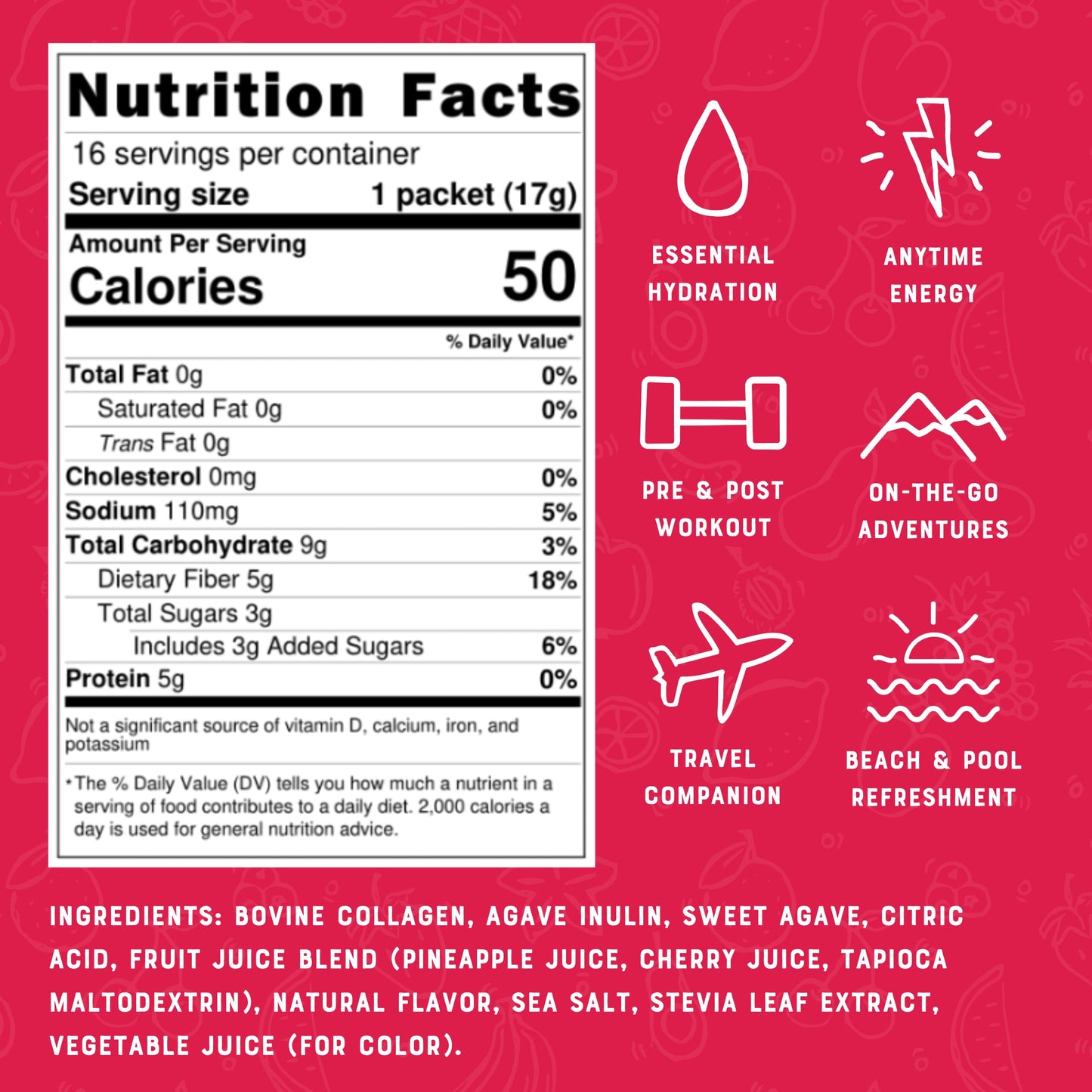 Bare Bones Fruit Punch Elevated Drink Mix | Collagen & Prebiotics | Gluten-Free & Naturally Sweetened | On-The-Go Stick Single-S