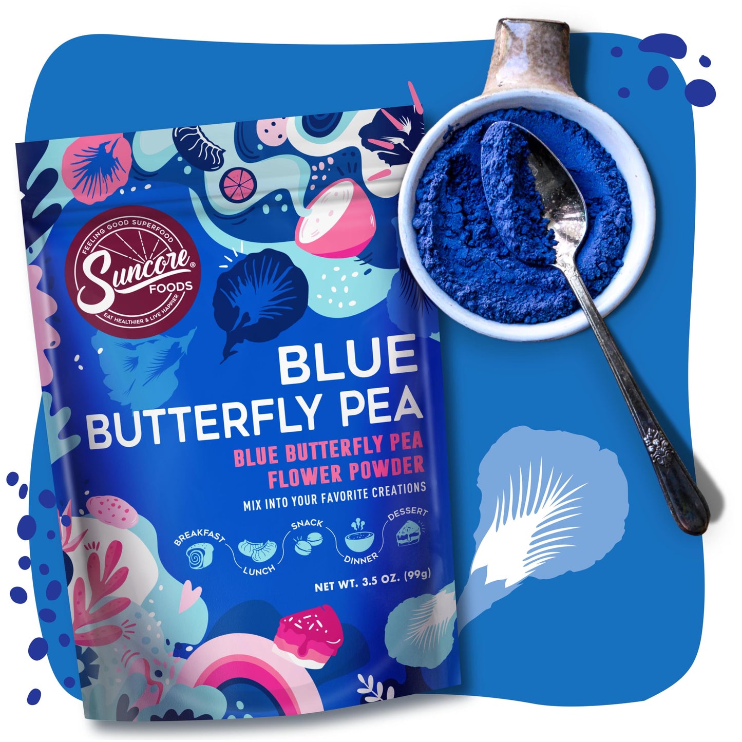 Suncore Foods Blue Butterfly Pea Powder, Blue Food Coloring Powder, Gluten-Free, Non-GMO, 3.5oz (2 Pack)